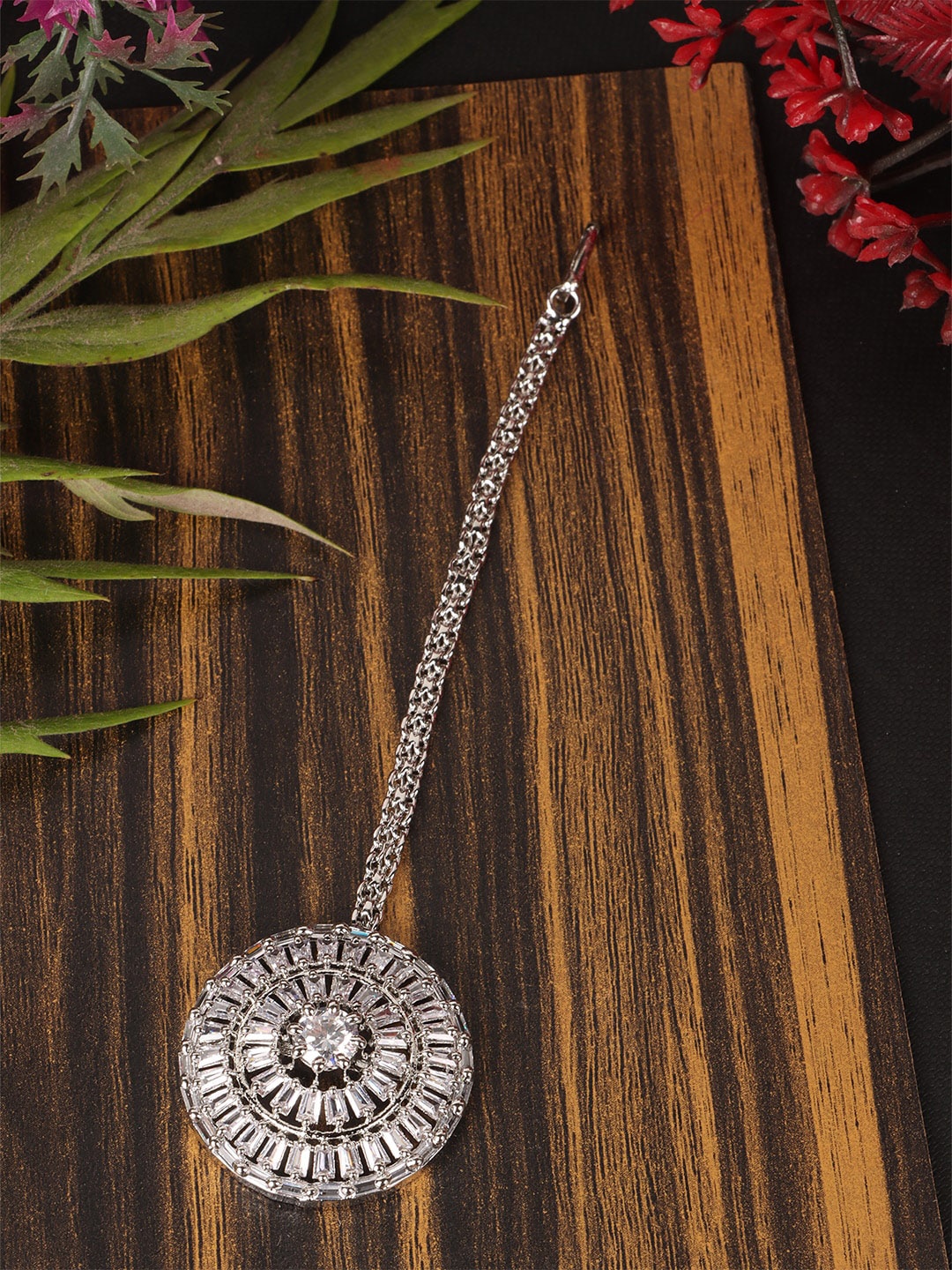 

JEWELS GEHNA Silver-Plated White AD-Studded Maang Tikka