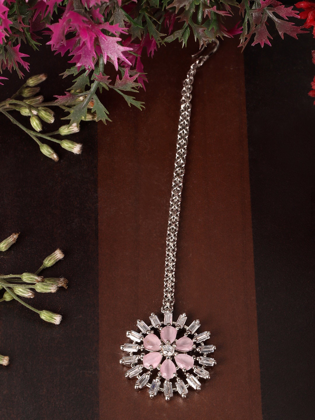 

JEWELS GEHNA Silver-Plated White & Pink AD-Studded Handcrafted Maang Tikka