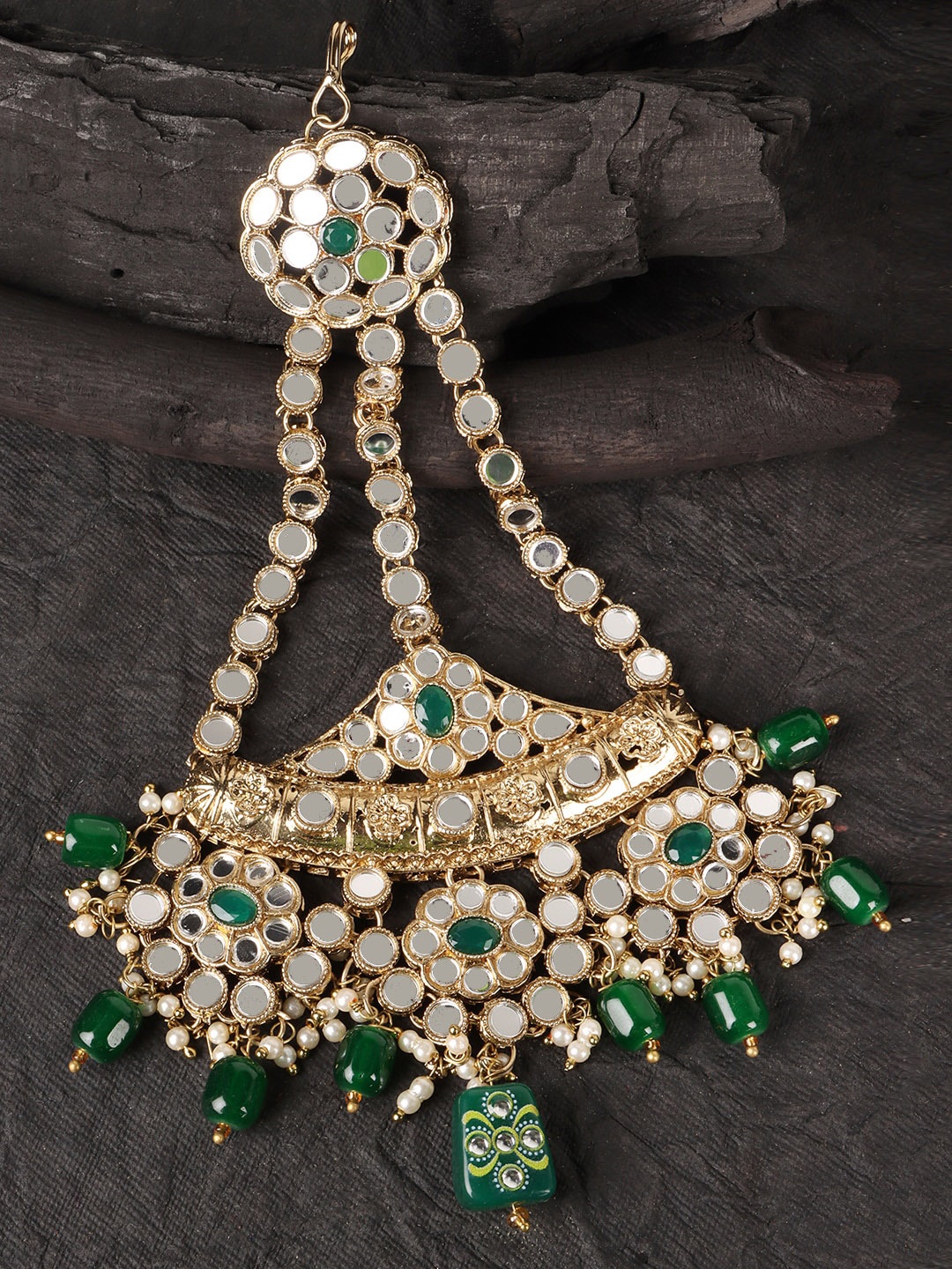 

JEWELS GEHNA Gold Plated Green & White Kundan Studded Jhumar Passa