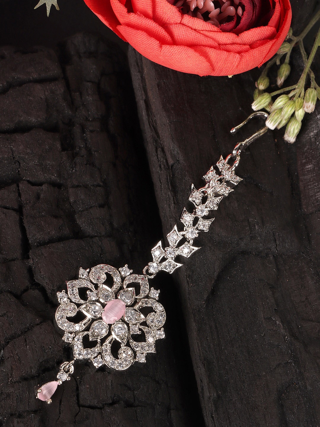

JEWELS GEHNA Silver-Plated White & Pink AD-Studded Maangtikka