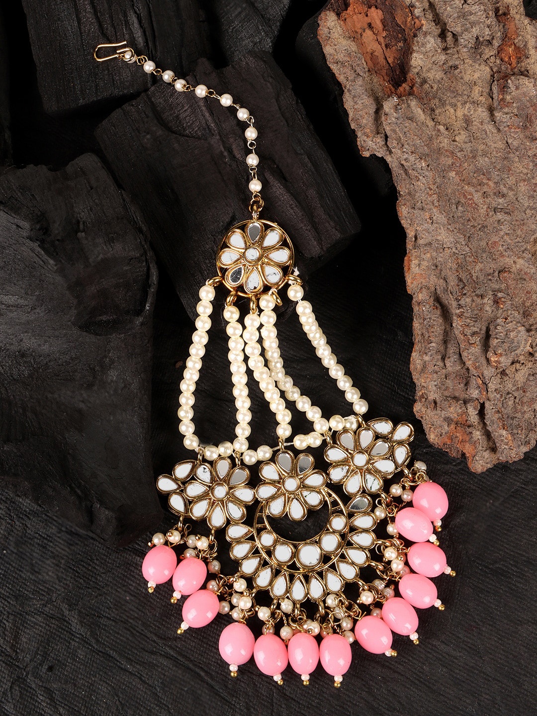 

JEWELS GEHNA Gold-Plated White & Pink Kundan-Studded & Beaded Handcrafted Jhumar Passa