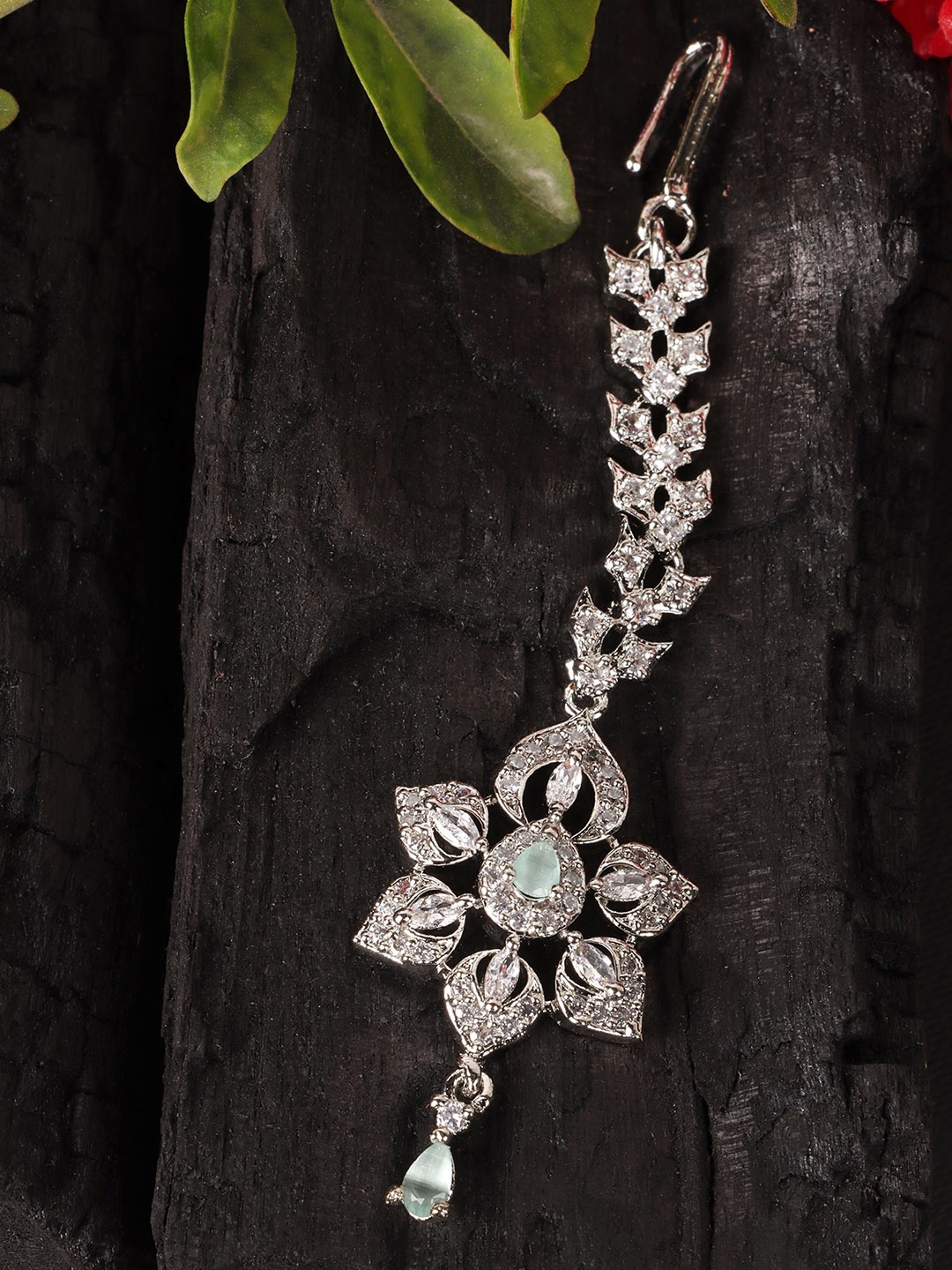 

JEWELS GEHNA Sliver-Plated AD-Stone Studded Floral Shape Maangtika, Silver