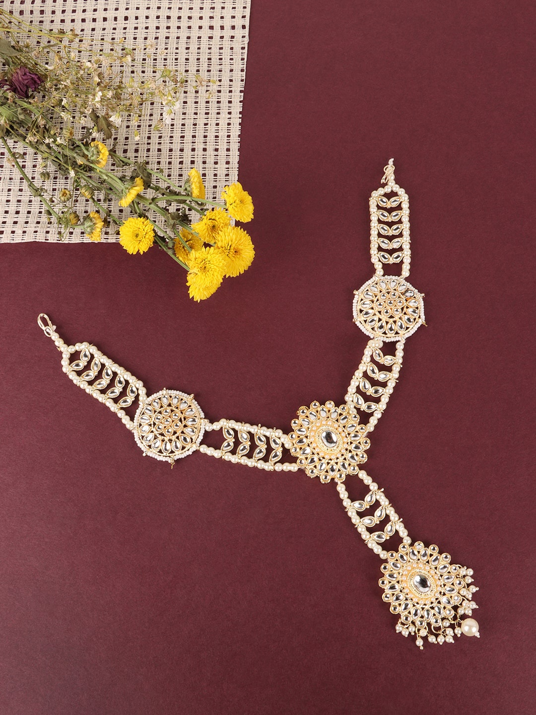 

JEWELS GEHNA Gold Plated White & Kundan Stone Studded Maathapati