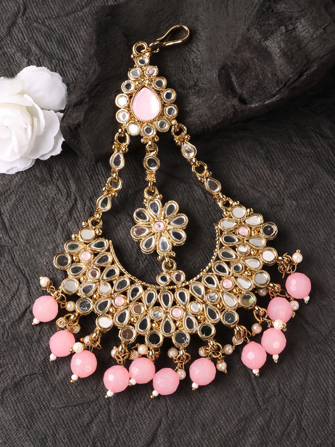 

JEWELS GEHNA Gold-Plated White & Pink Kundan-Studded & Beaded Handcrafted Jhumar Passa