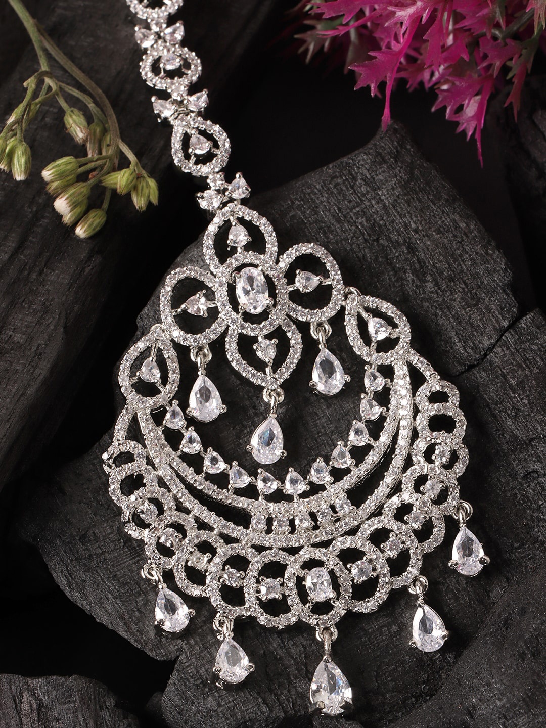 

JEWELS GEHNA Silver-Plated White AD-Studded Maangtikka