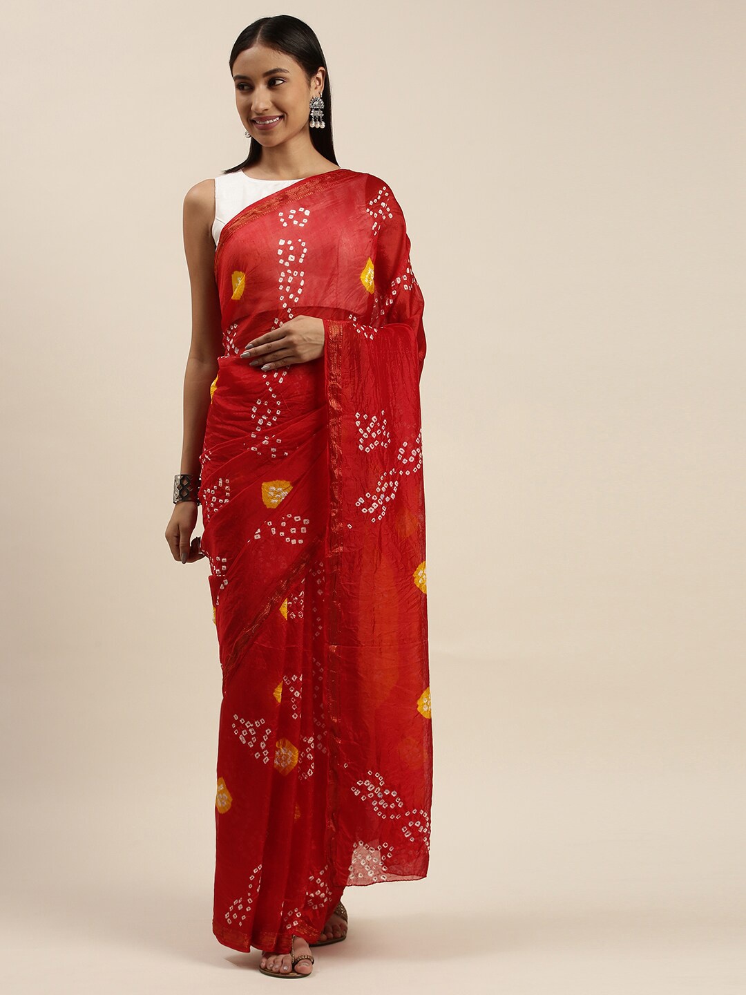 

Geroo Jaipur Red & White Bandhani Art Silk Bandhani Saree