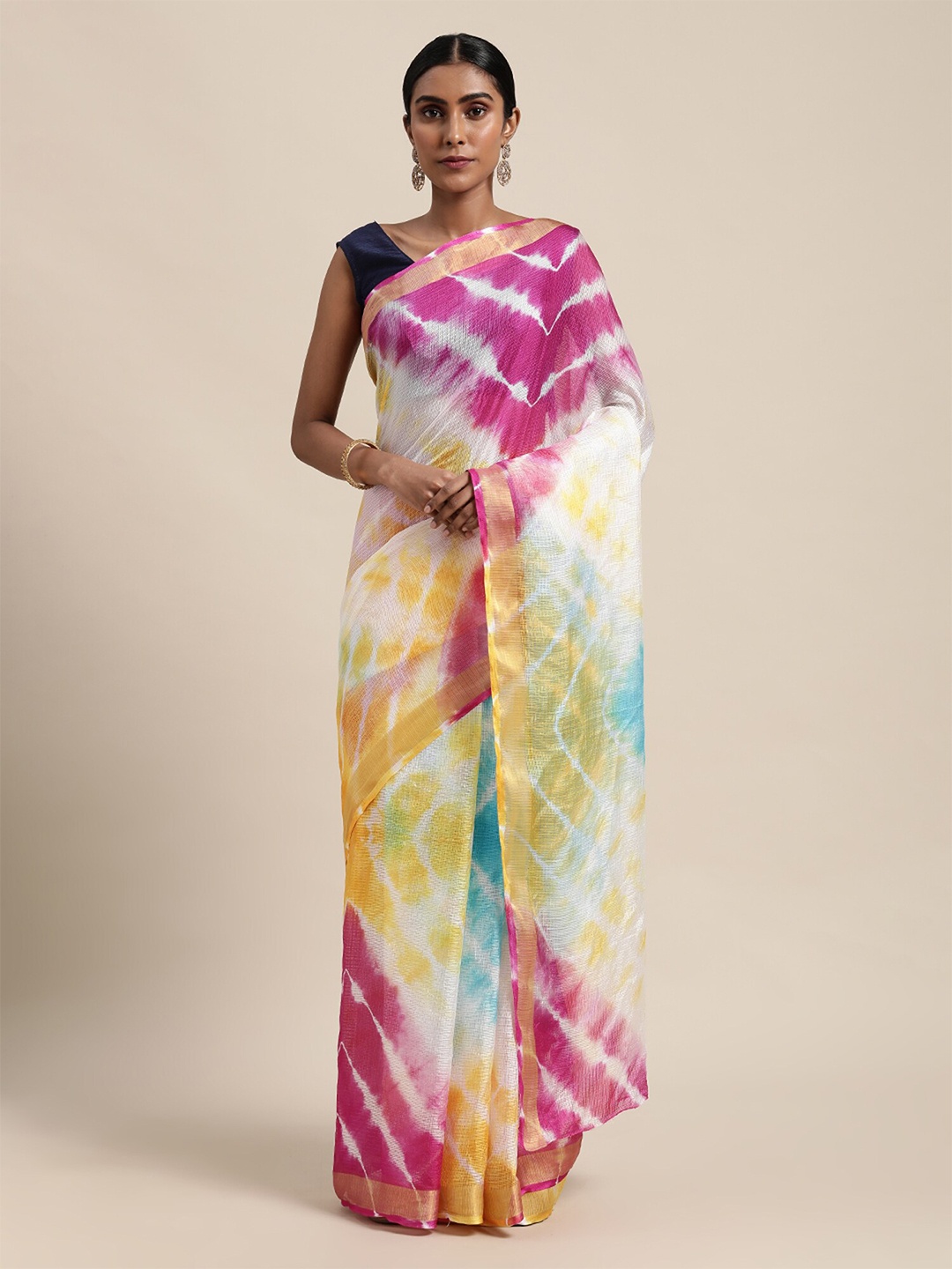 

Geroo Jaipur Multicoloured & White Tie and Dye Silk Cotton Kota Saree, Multi