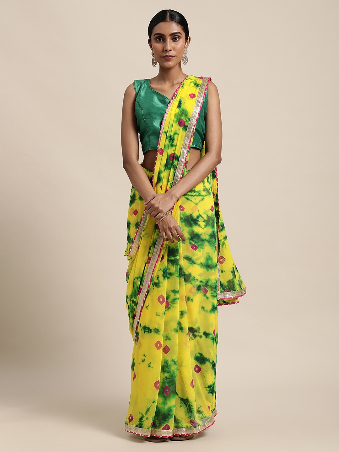

Geroo Jaipur Yellow & Green Tie and Dye Saree