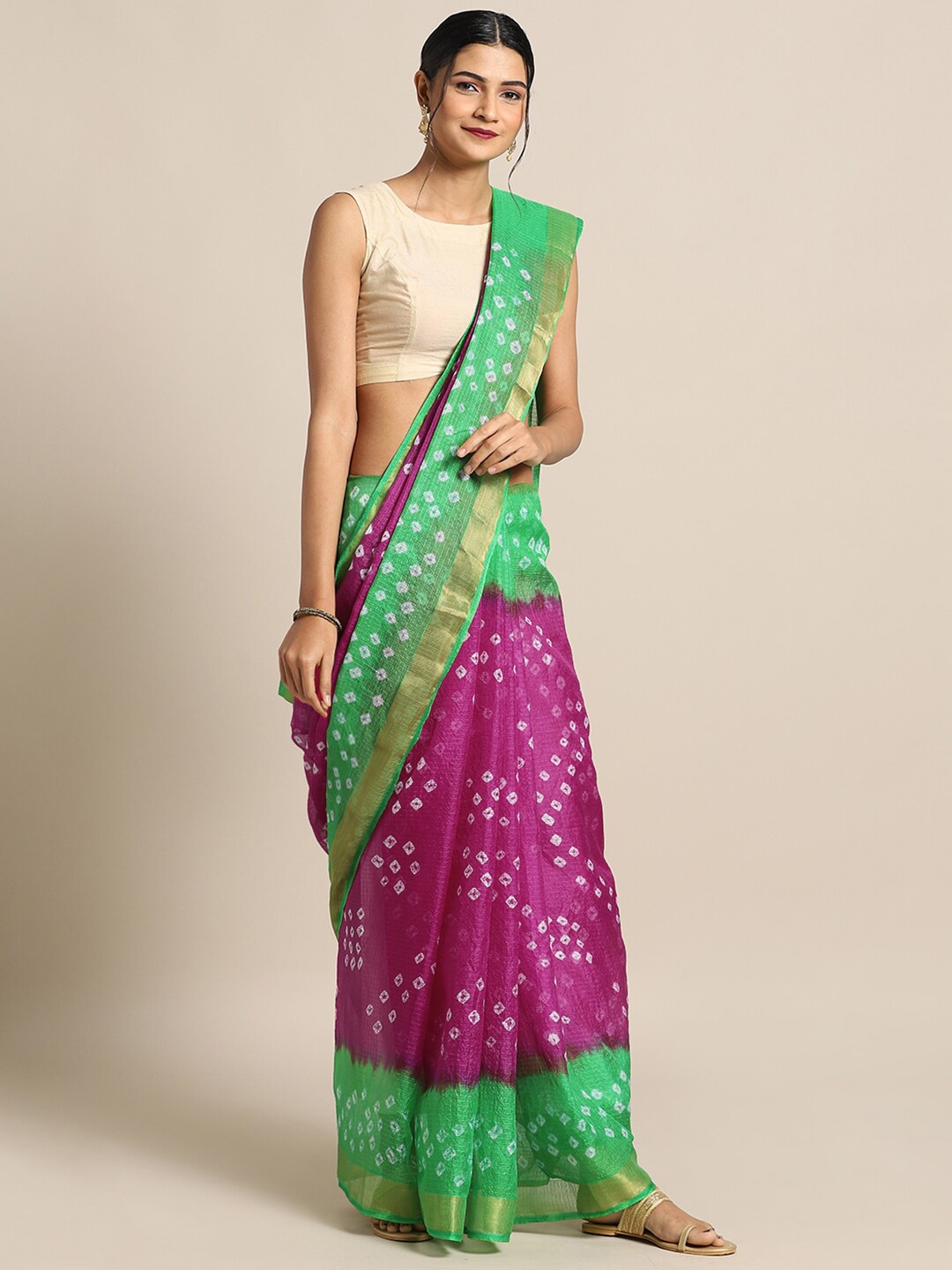 

Geroo Jaipur Pink & Green Bandhani Silk Cotton Bandhani Saree