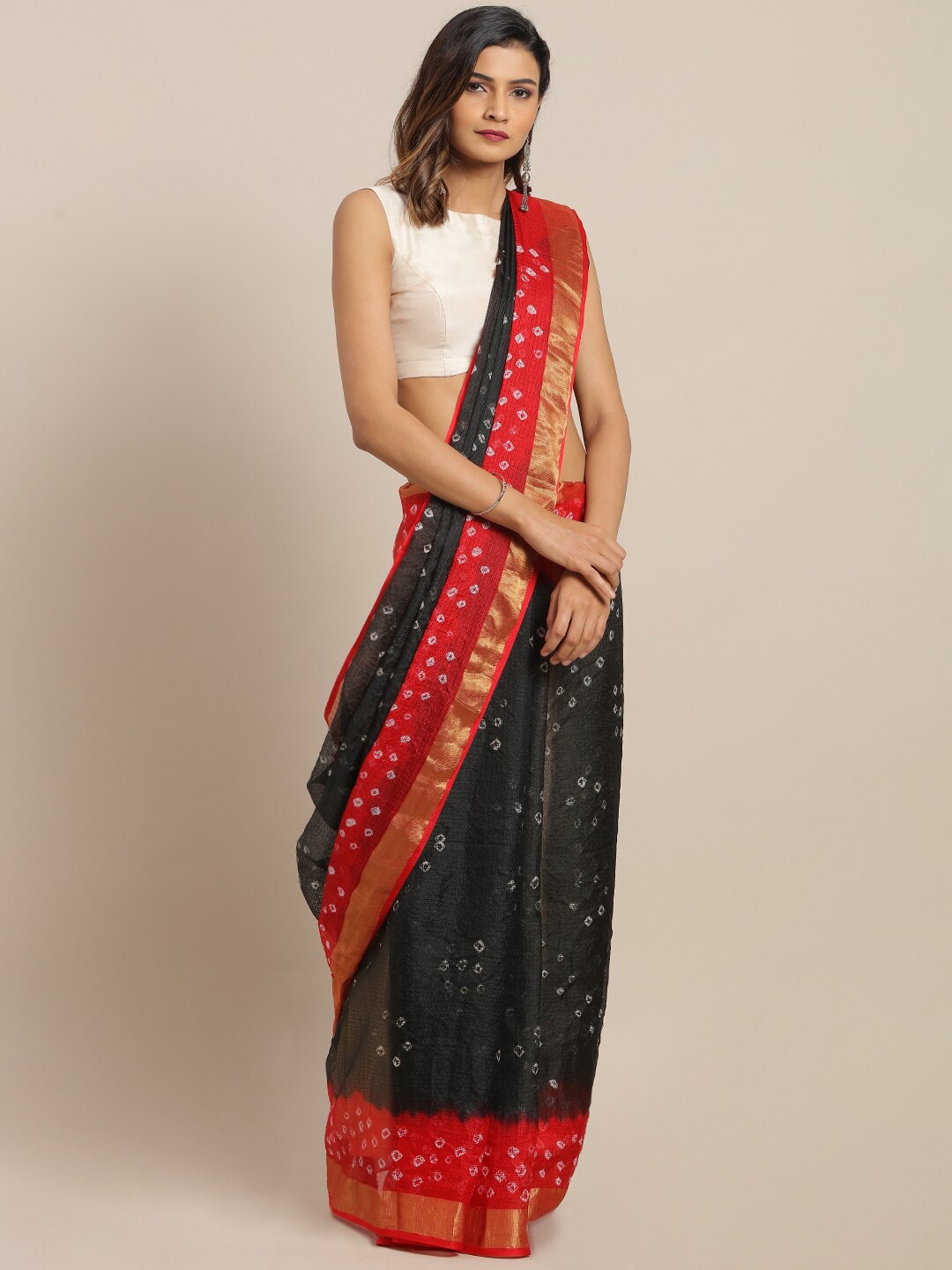 

Geroo Jaipur Black & Red Bandhani Zari Silk Cotton Bandhani Saree
