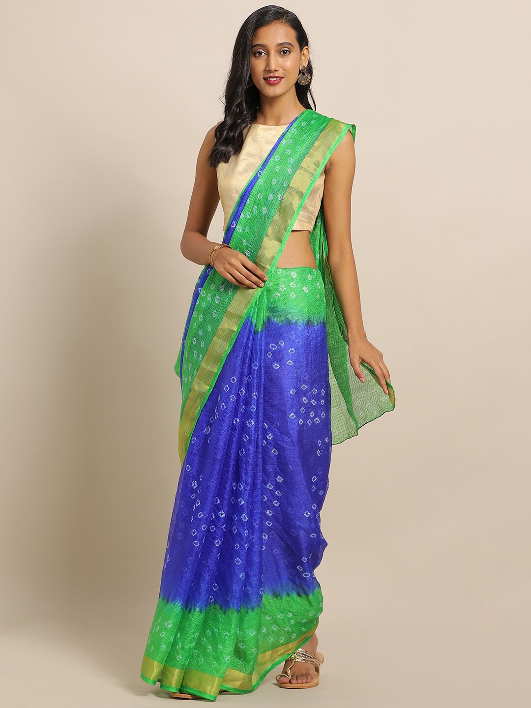 

Geroo Jaipur Blue & Green Bandhani Zari Silk Cotton Bandhani Saree