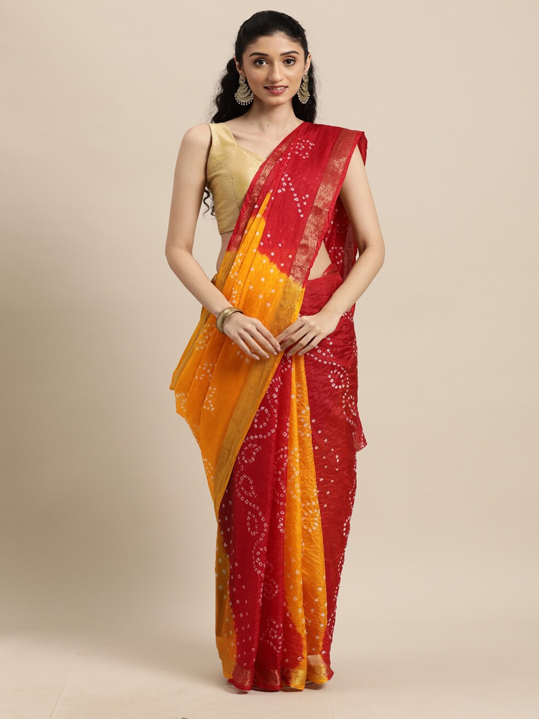 

Geroo Jaipur Yellow & Red Bandhani Art Silk Bandhani Saree
