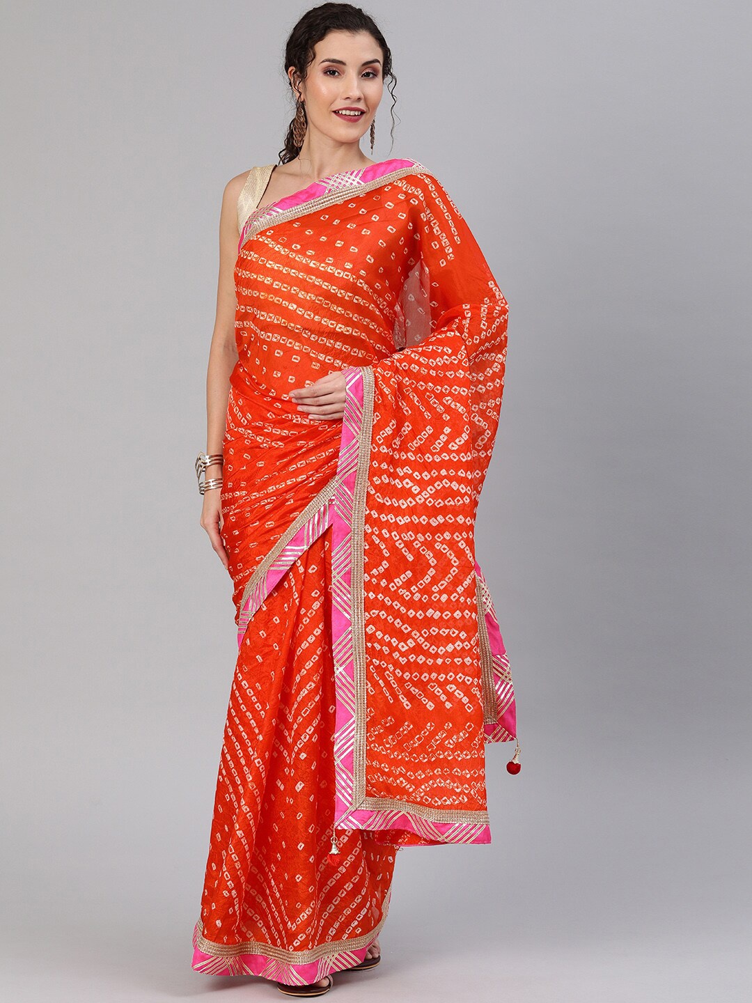 

Mitera Orange & White Bandhani Art Silk Bandhani Saree