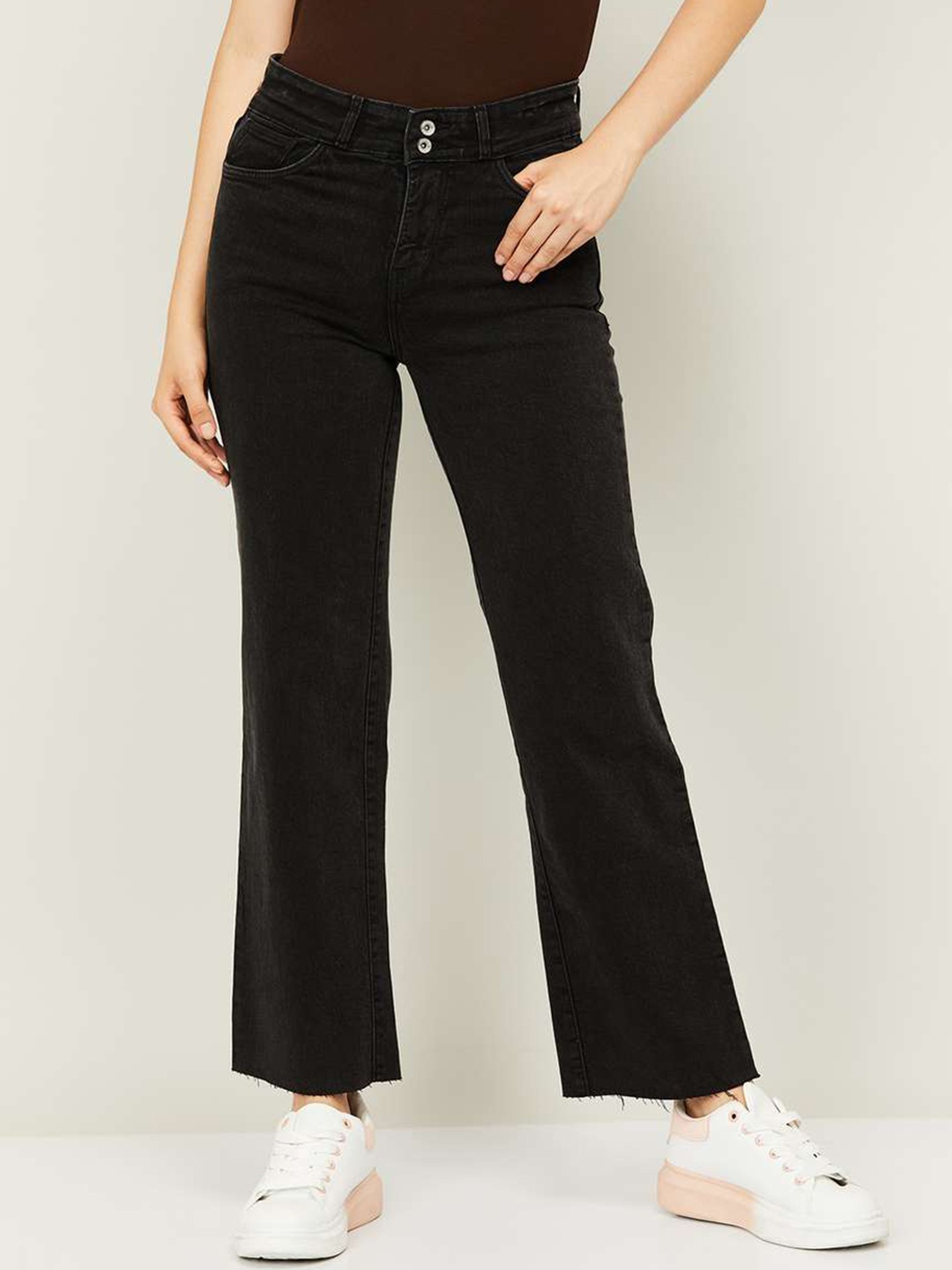 

Xpose Women Black Comfort Wide Leg High-Rise Low Distress Stretchable Jeans