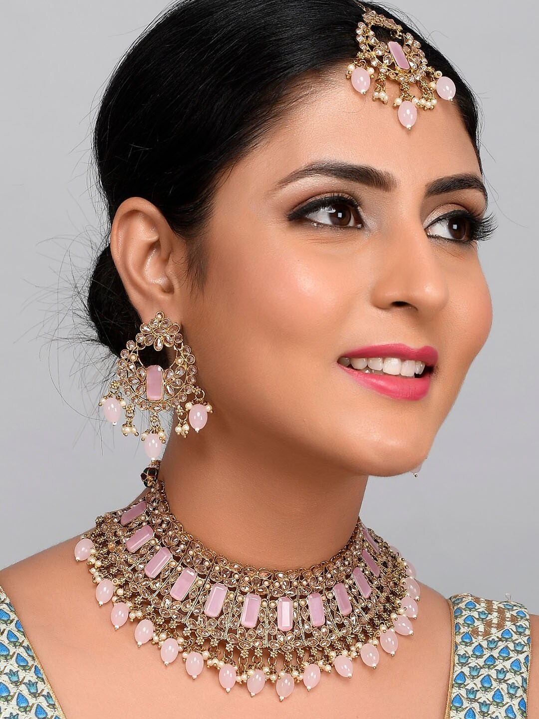 

AQUASTREET JEWELS Gold-Plated Pink Reverse AD With stones Choker Necklace Set with Maangtika