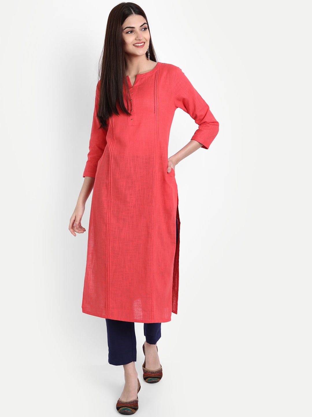 

SUTI Women Coral Keyhole Neck Thread Work Kurta