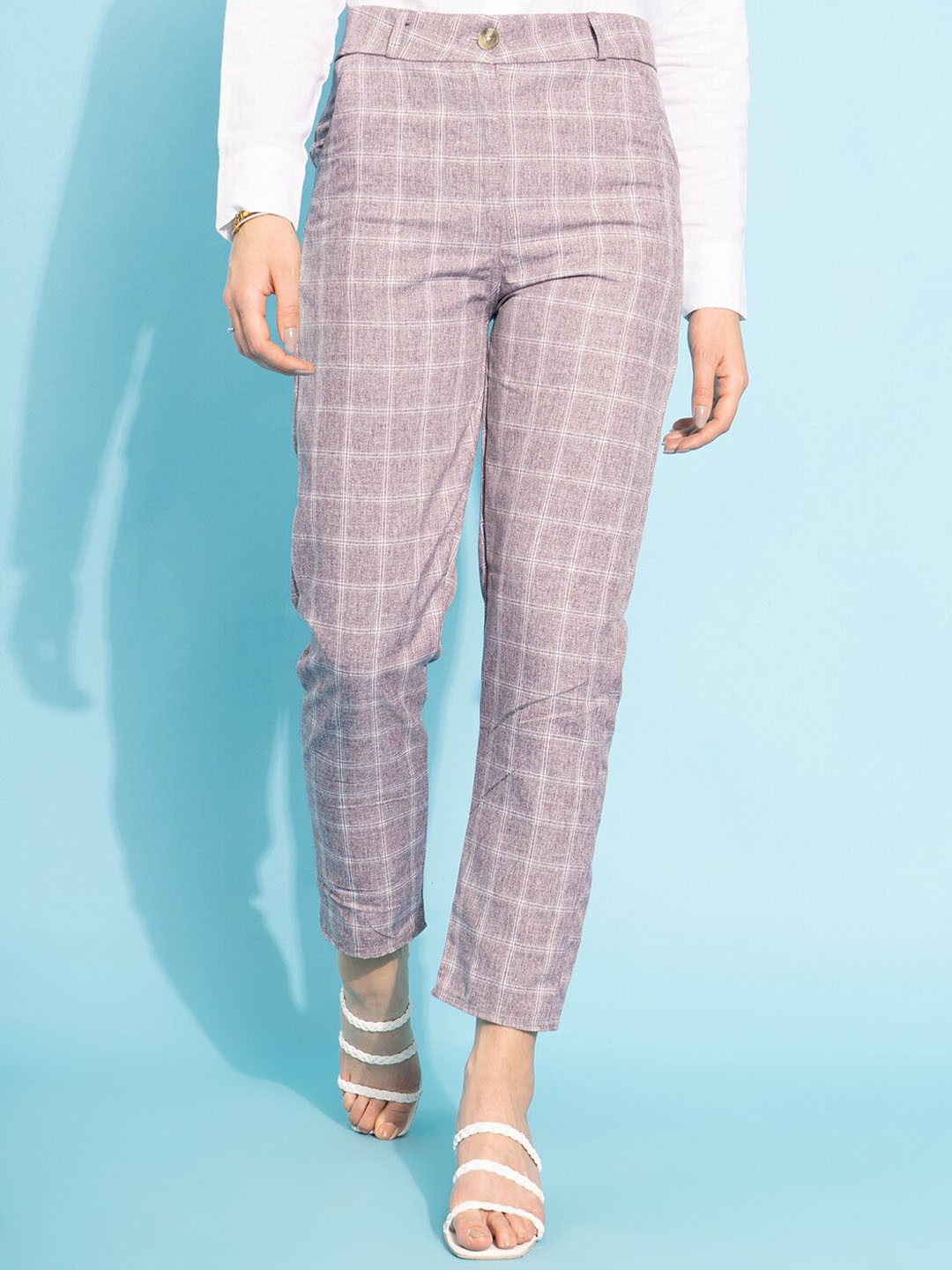 

Purple Feather Women Burgundy Checked Smart High-Rise Trousers