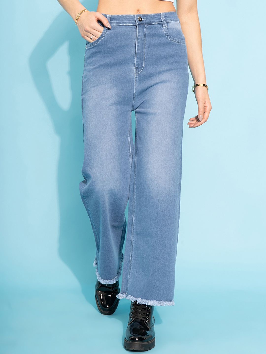 

Purple Feather Women Blue Flared High-Rise Highly Distressed Stretchable Jeans