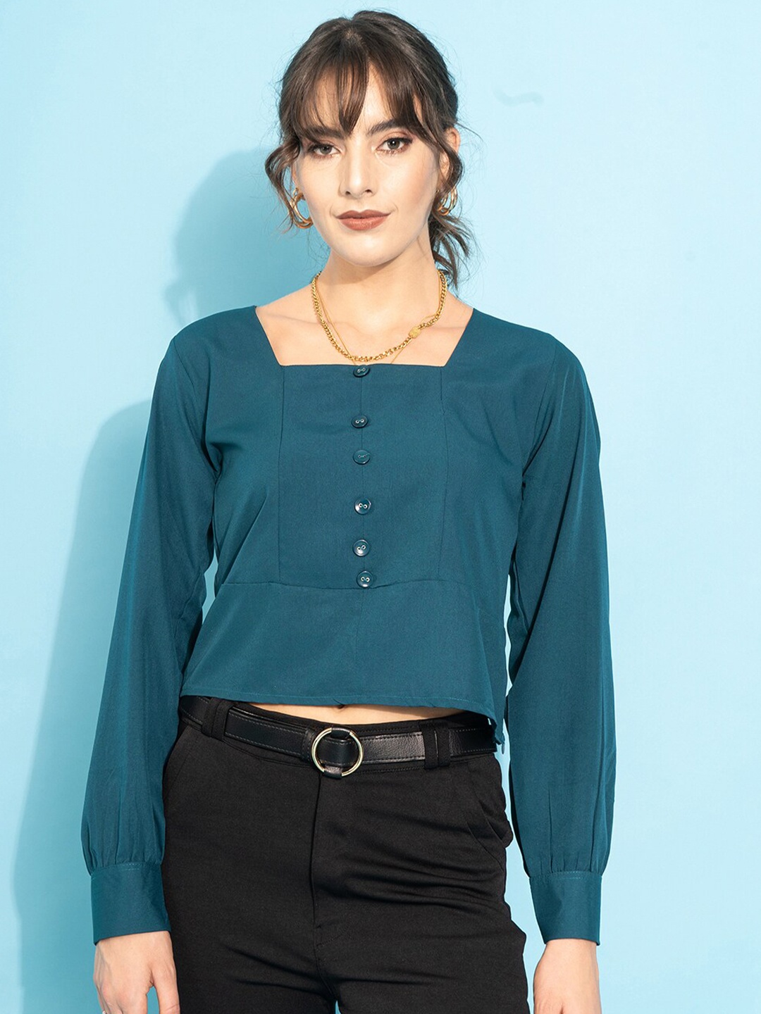 

Purple Feather Blue Bishop Sleeves Crepe Boxy Crop Top