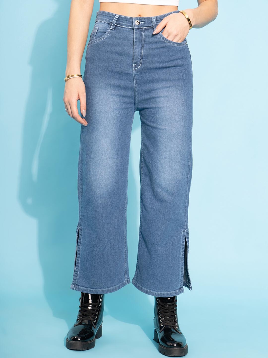 

Purple Feather Women Blue Flared High-Rise Highly Distressed Light Fade Stretchable Jeans