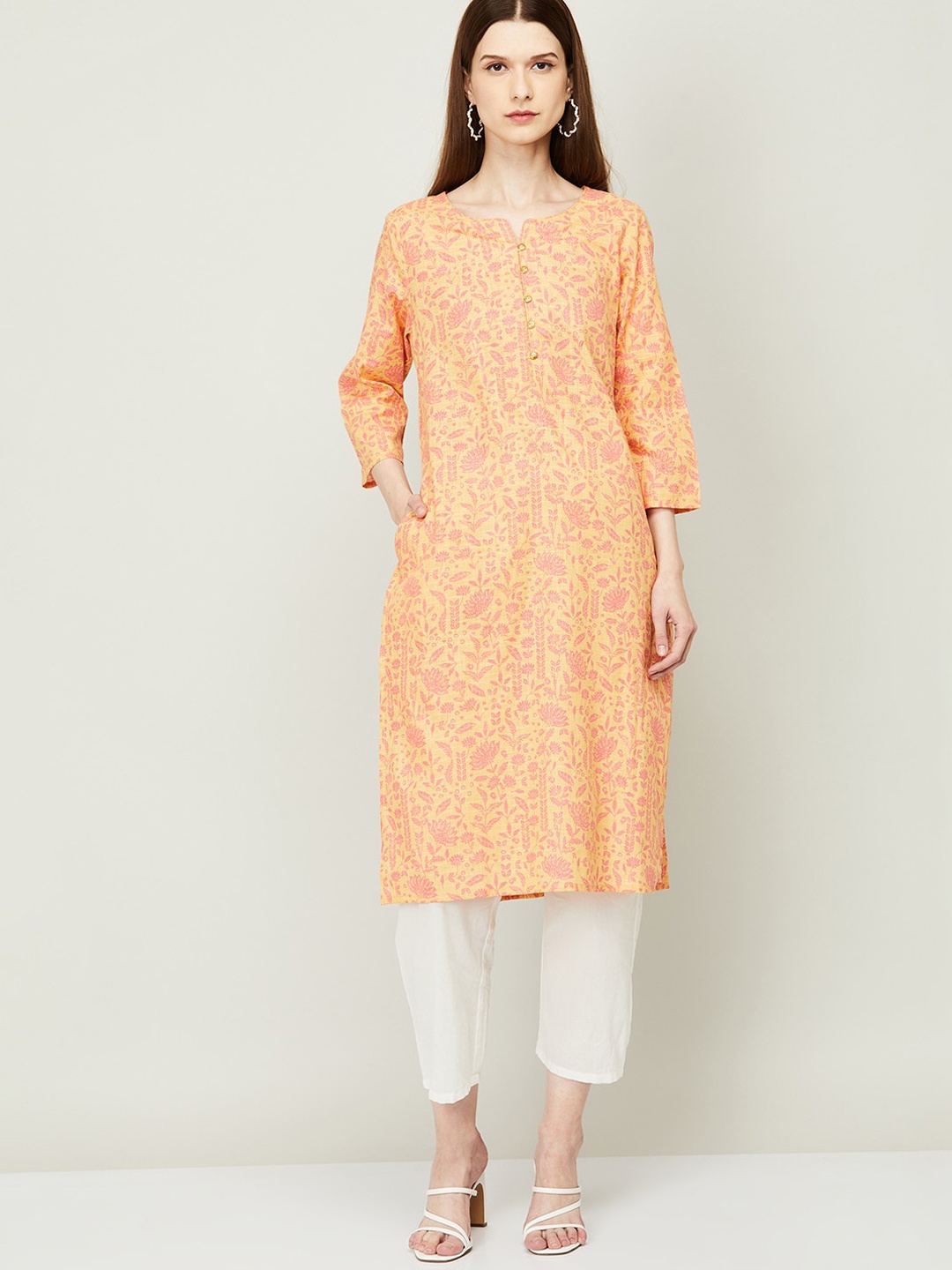 

Melange by Lifestyle Women Yellow Floral Keyhole Neck Chikankari Kurta