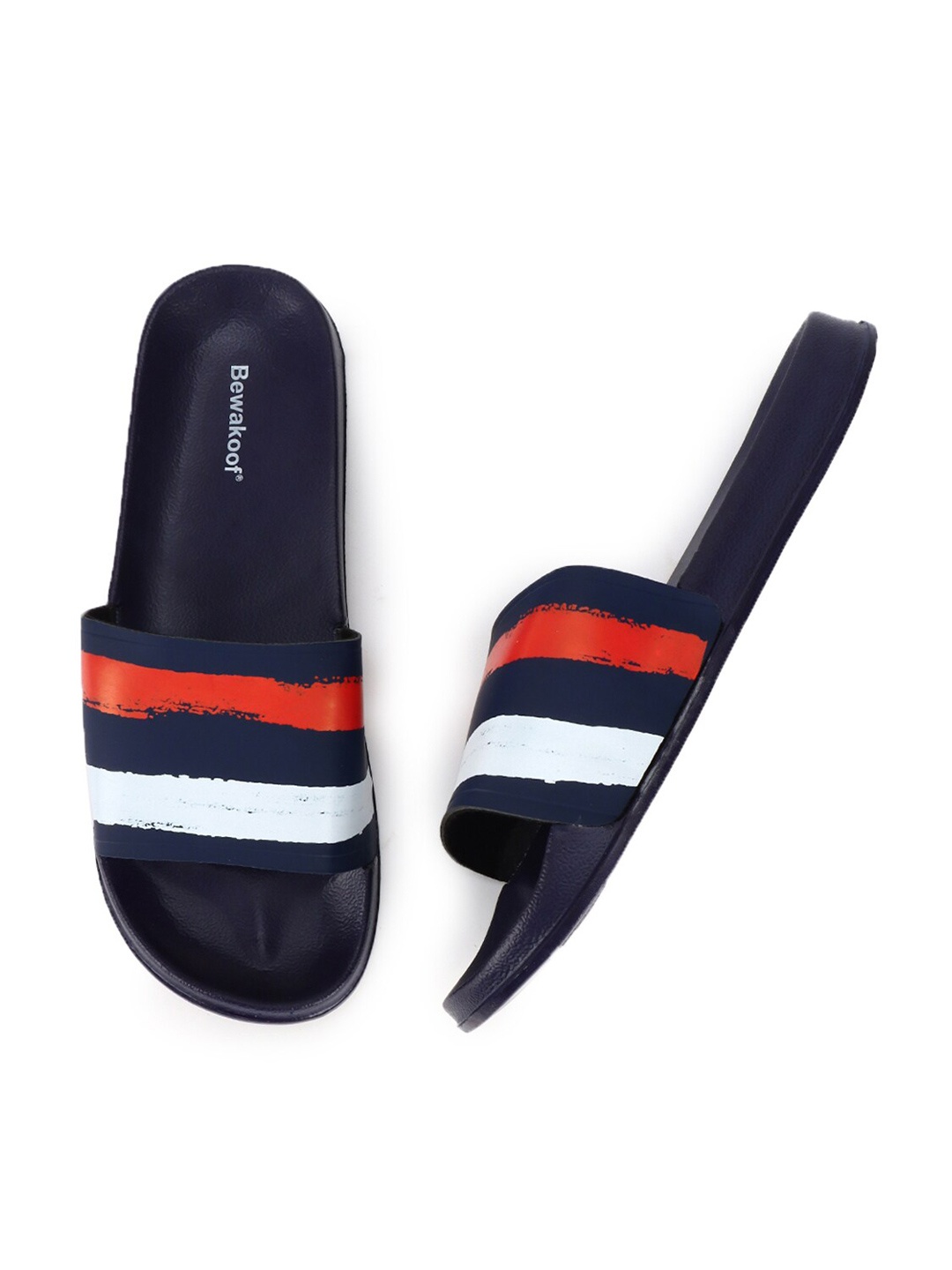 

Bewakoof Women Blue & White Striped Rubber Sliders