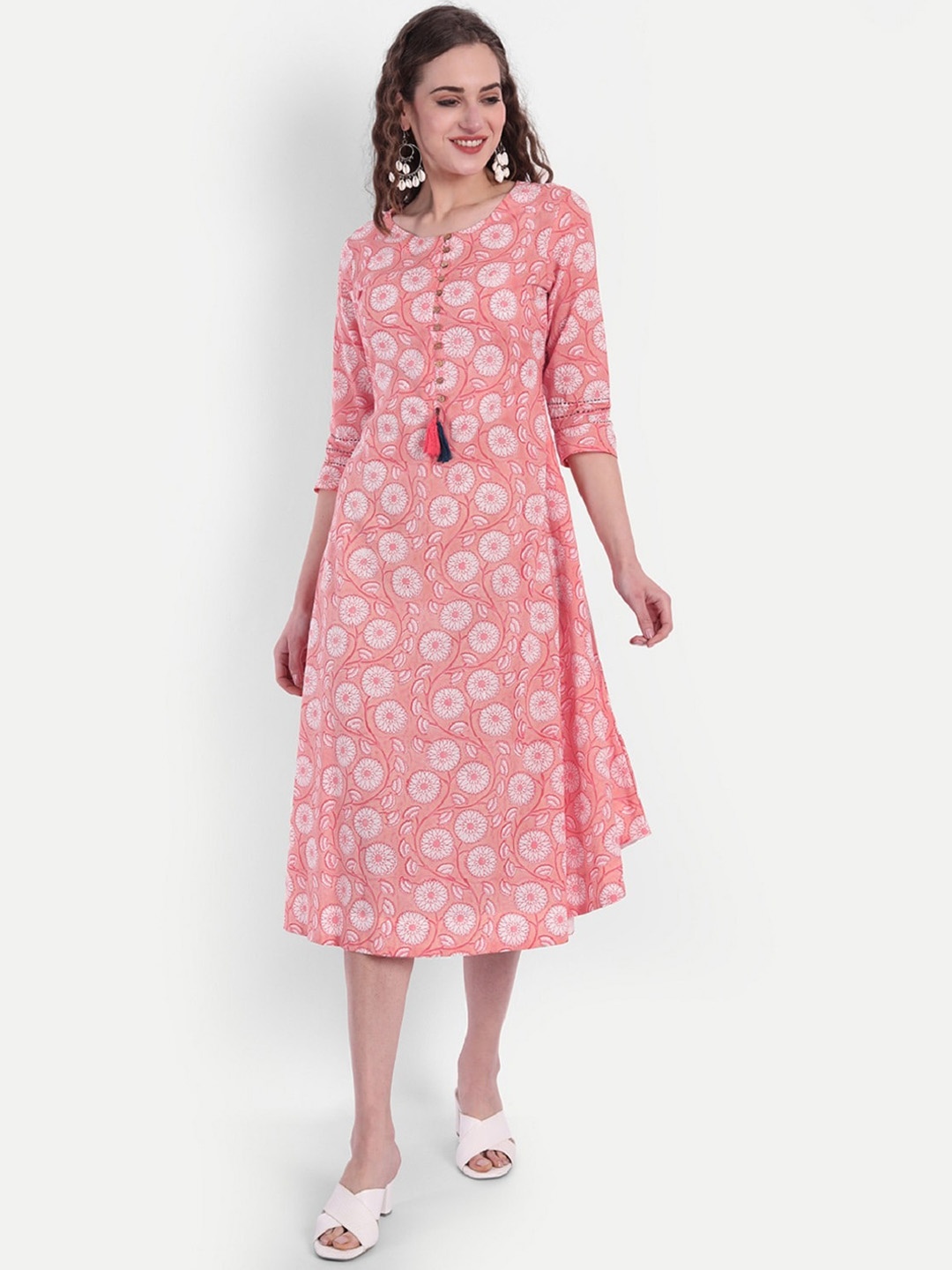 

fabGLOBAL Women Pink Floral Printed Thread Work Summer Sheers Kurta