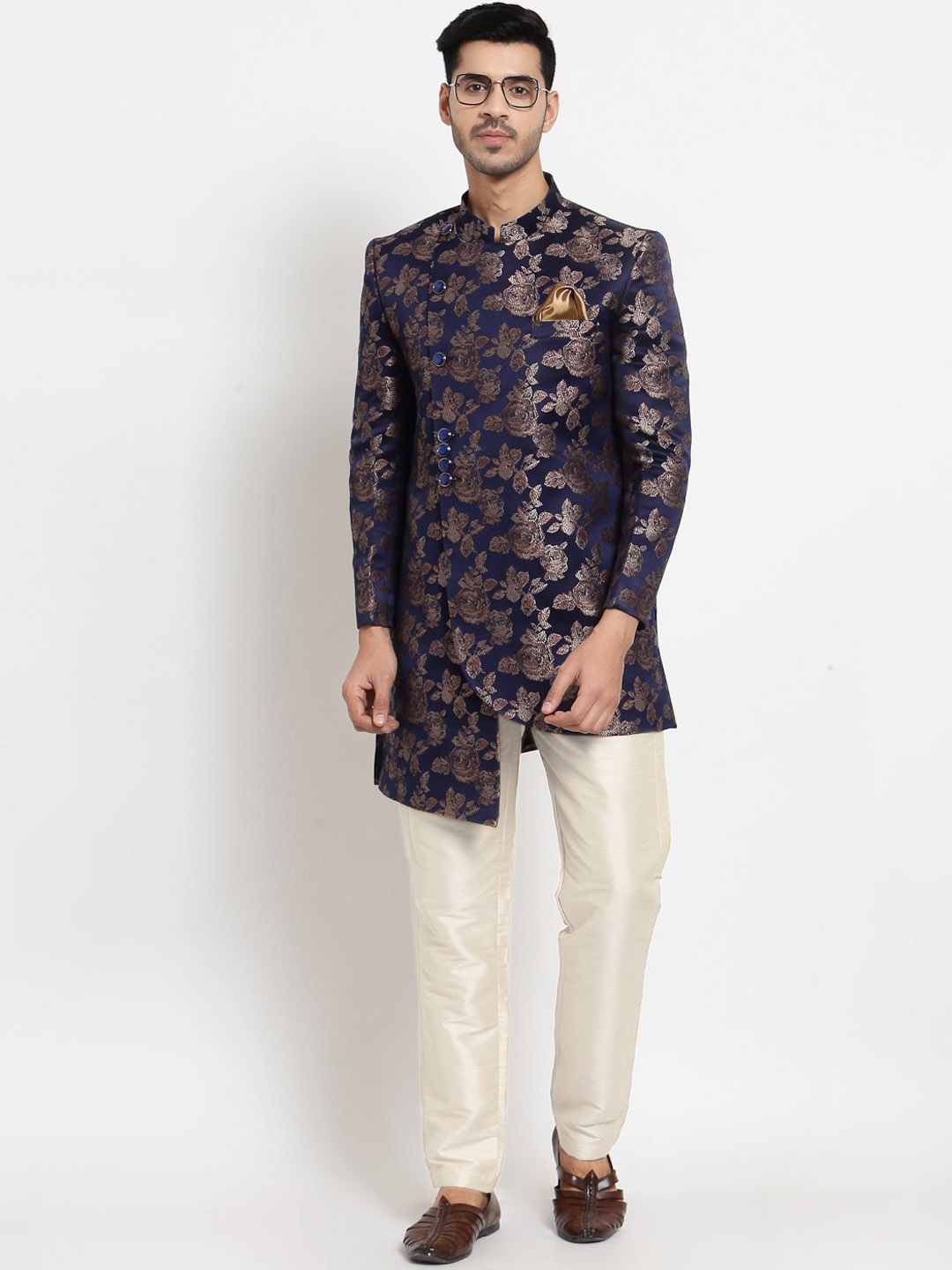 

KLOTTHE Men Navy-Blue & Gold-Colored Printed Sherwani Set
