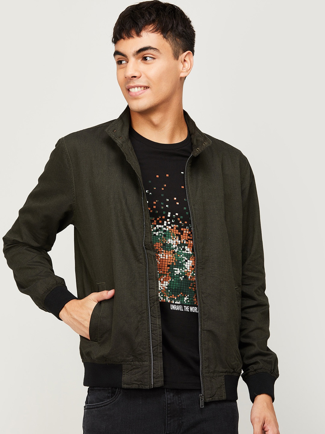 

Fame Forever by Lifestyle Men Olive Green Floral Bomber with Patchwork Jacket