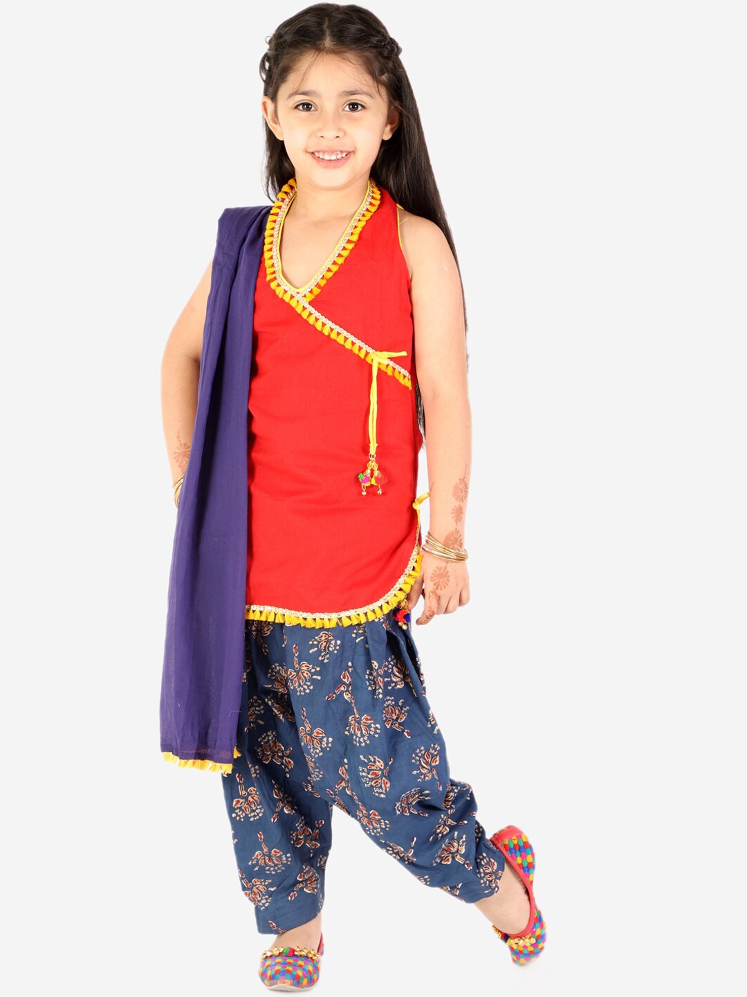 

KID1 Girls Red & Blue Angrakha Pure Cotton Kurta with Patiala & Dupatta