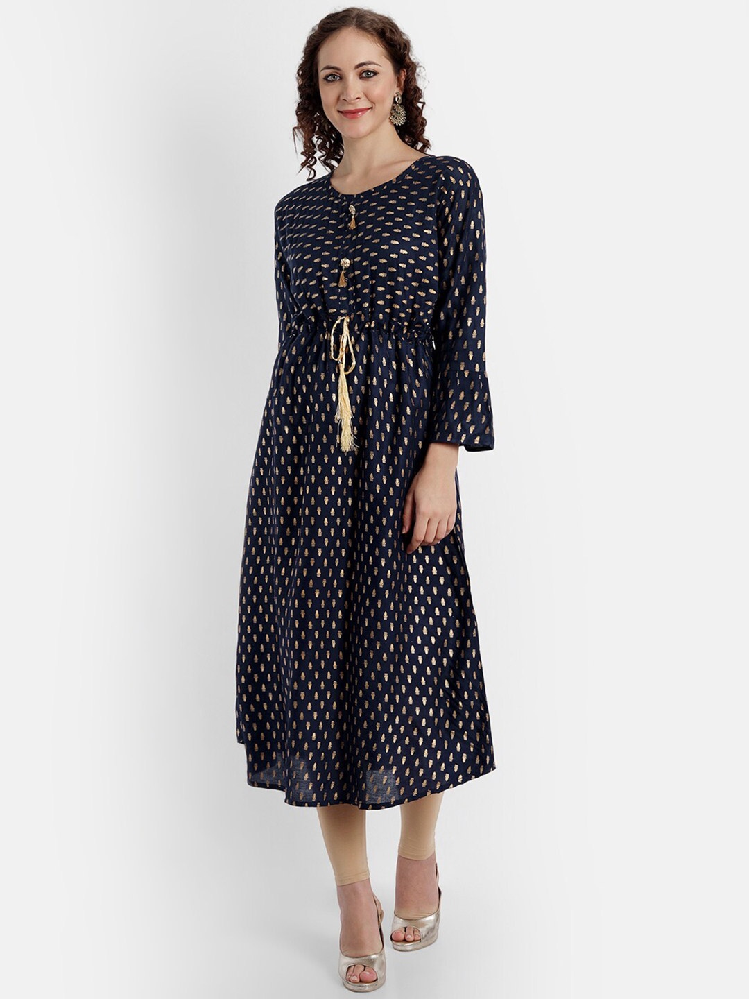 

FNOCKS Women Navy Blue Printed Flared Sleeves A-Line Kurta