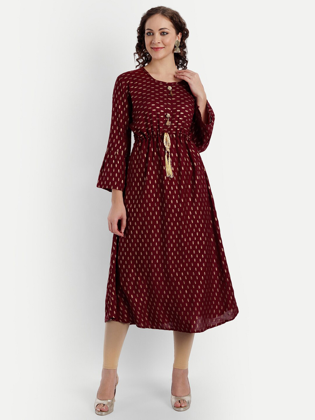 

FNOCKS Women Maroon & Gold-Toned Bell Sleeves Kurta