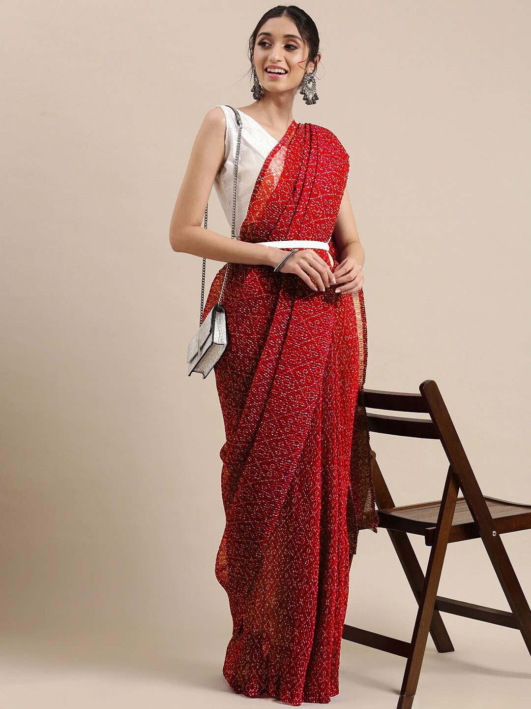 

KALINI Red Bandhani Pure Georgette Bandhani Saree