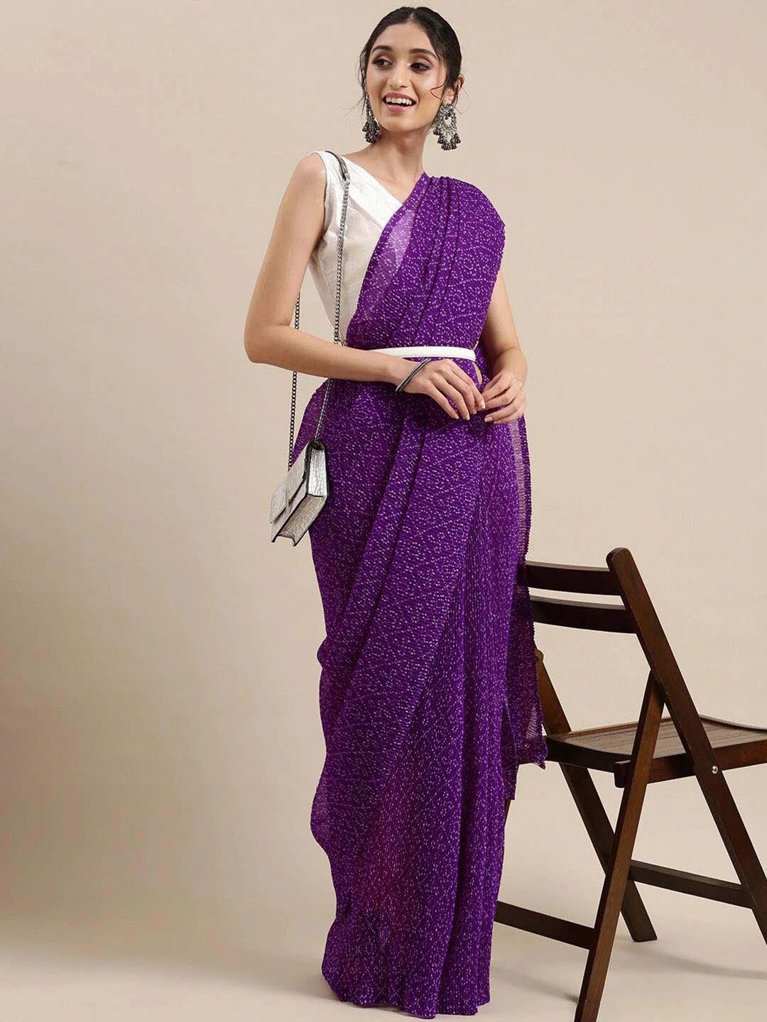 

KALINI Purple & White Bandhani Pure Georgette Bandhani Saree