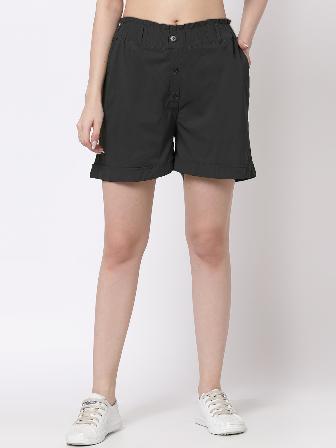 

KLOTTHE Women Black Solid Regular Shorts