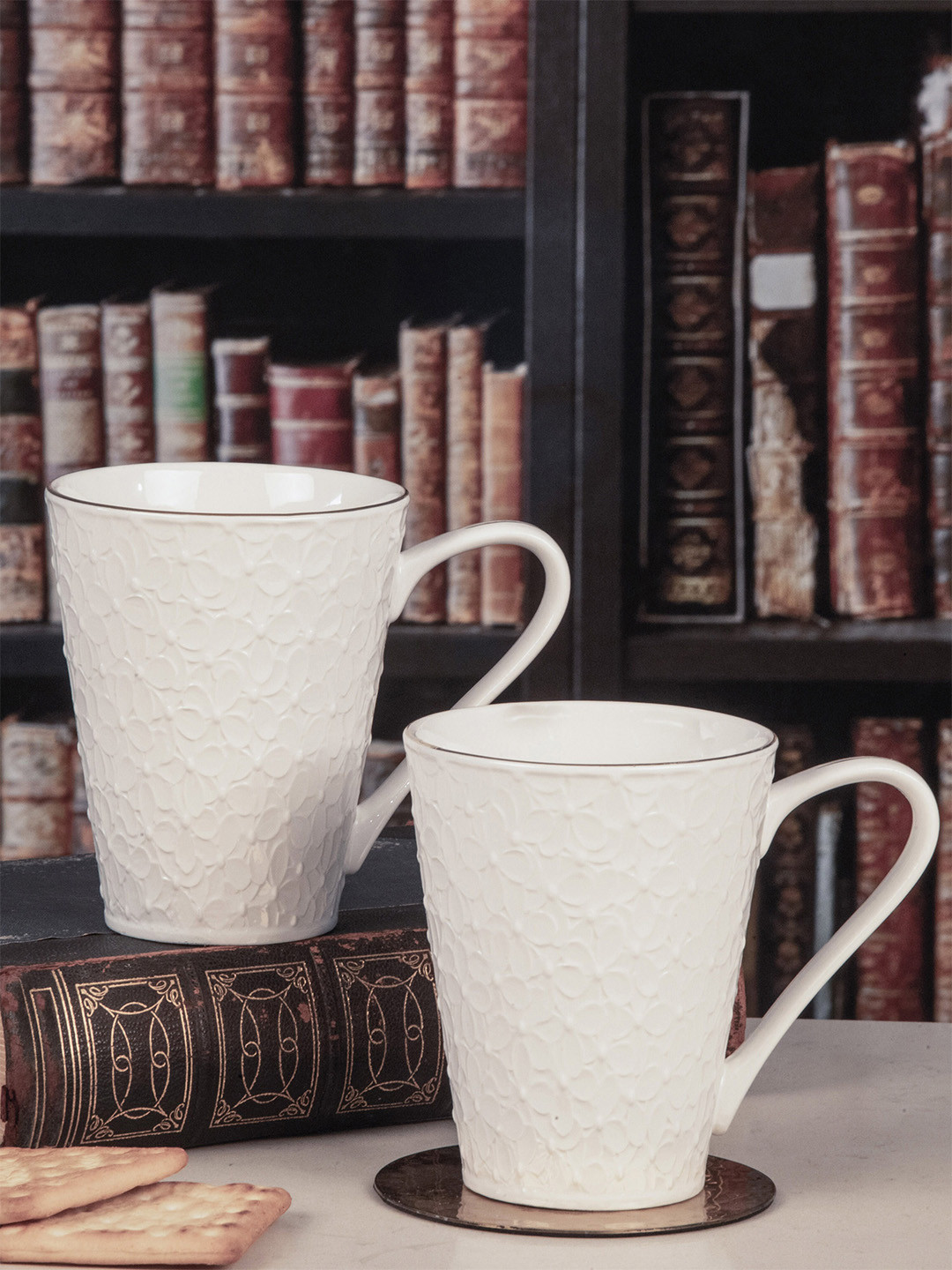 

White Gold White Floral Printed Porcelain Glossy Mugs Set of Cups and Mugs