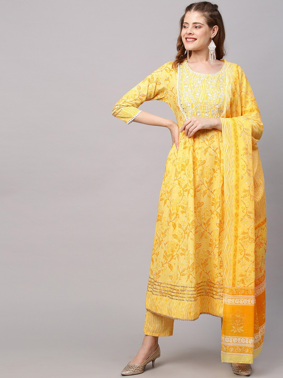 

FASHOR Women Yellow Printed Layered Pure Cotton Kurti with Sharara