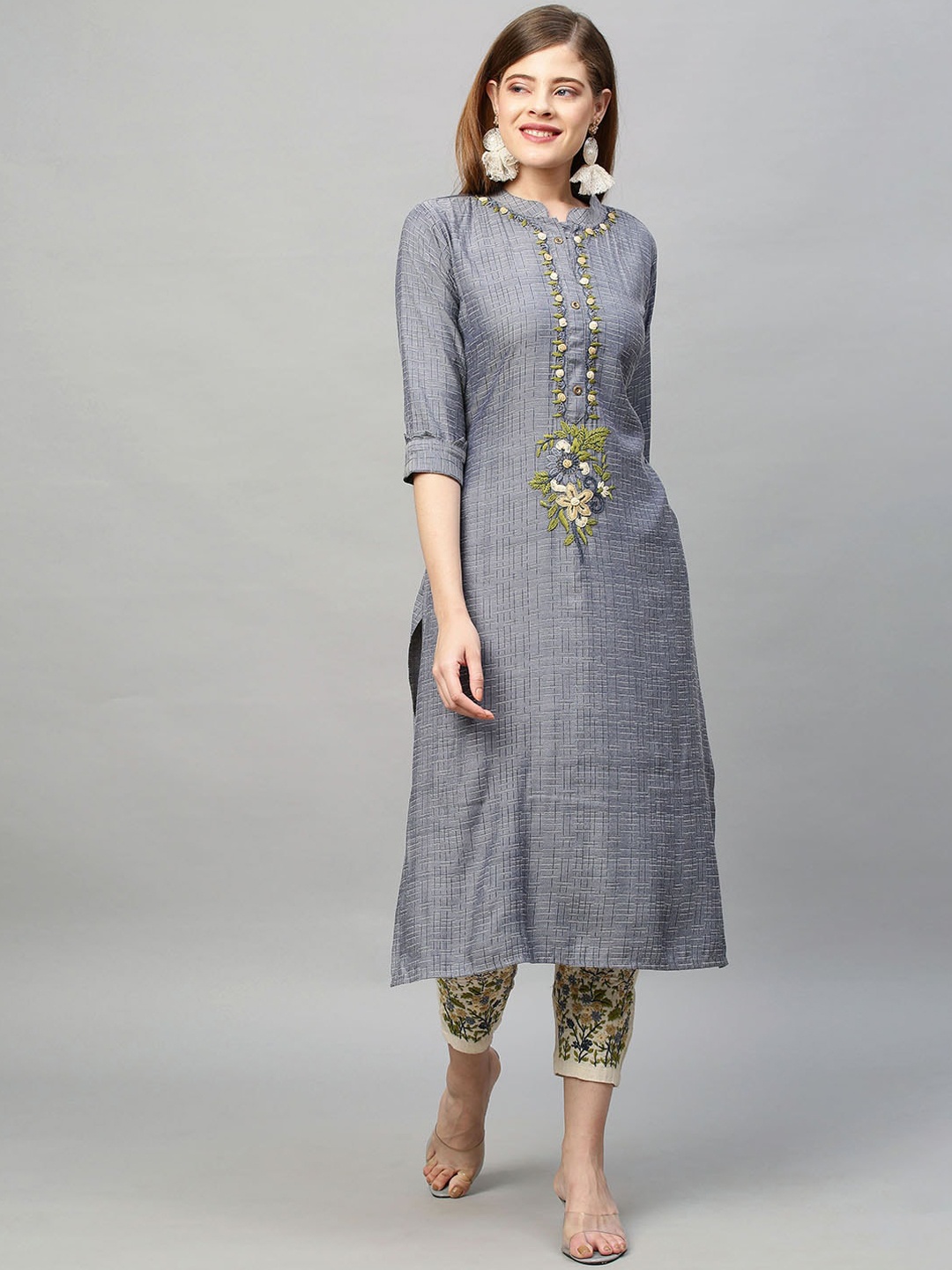 

FASHOR Women Blue Embroidered Layered Beads and Stones Dupion Silk Kurti with Trousers & With Dupatta