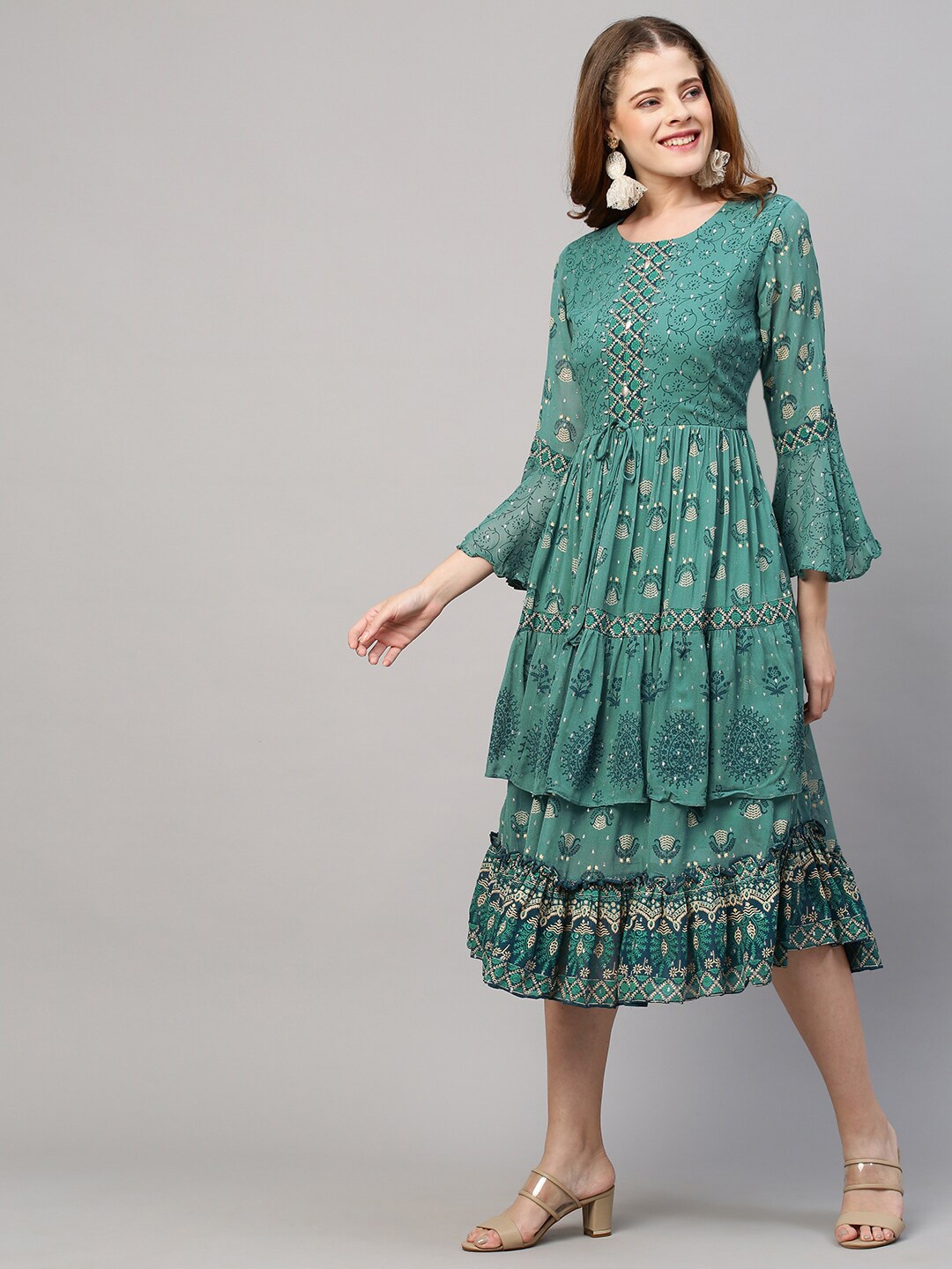 

FASHOR Women Teal Ethnic Motifs Georgette Ethnic Dress