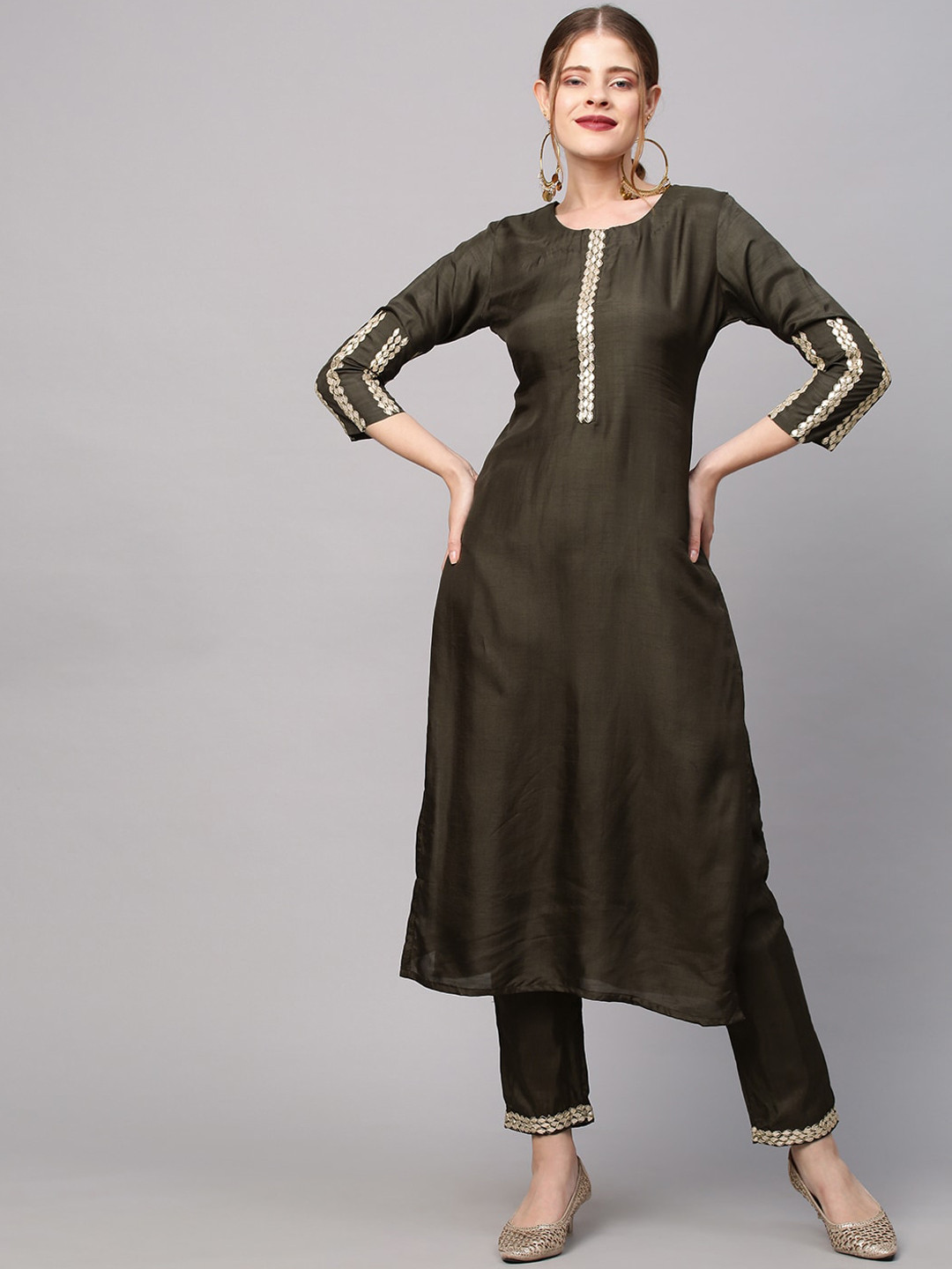 

FASHOR Women Green Layered Gotta Patti Dupion Silk Kurta with Churidar
