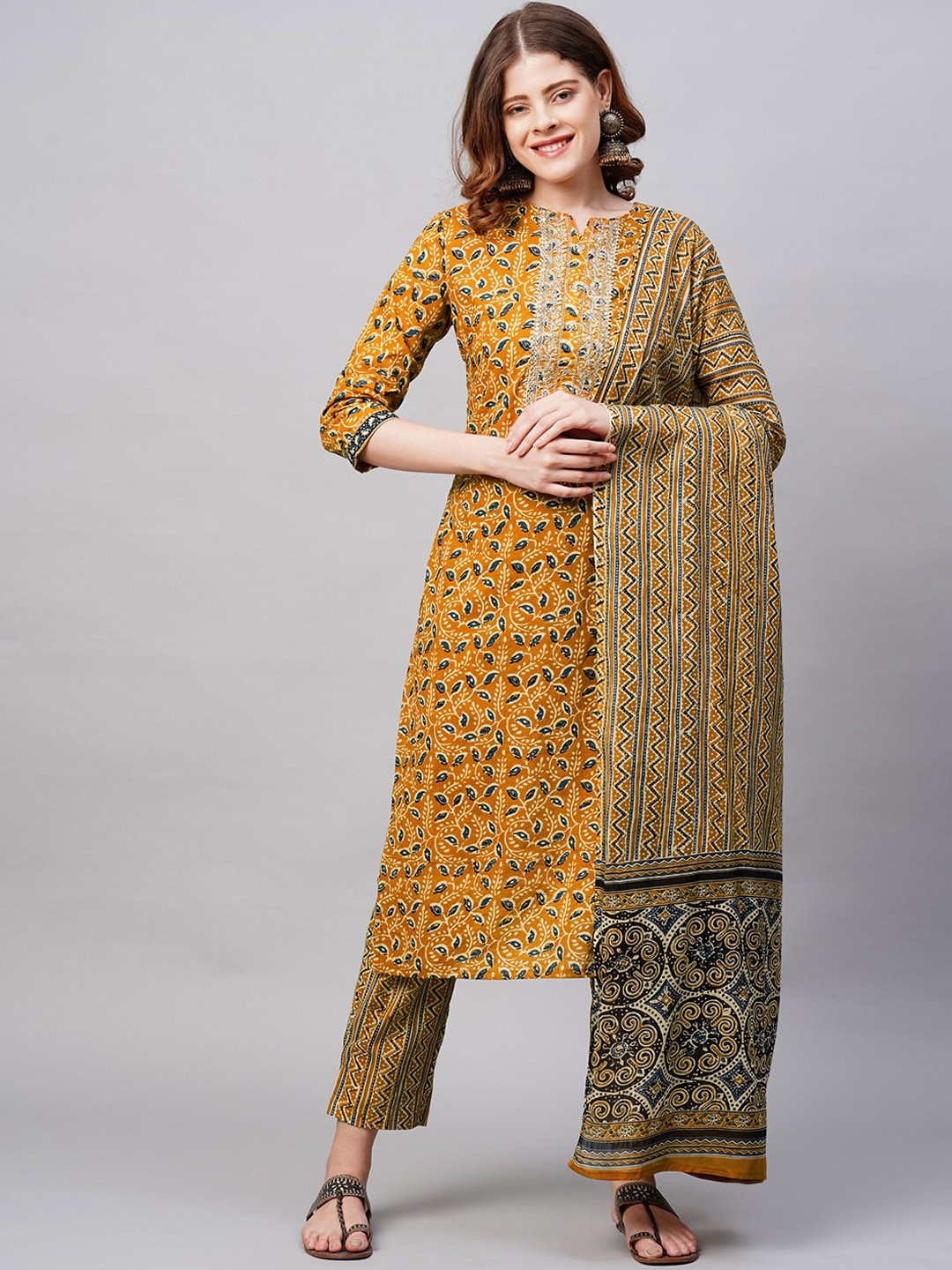 

FASHOR Women Mustard Yellow Ethnic Motifs Printed Layered Sequinned Pure Cotton Kurti with Trousers & With