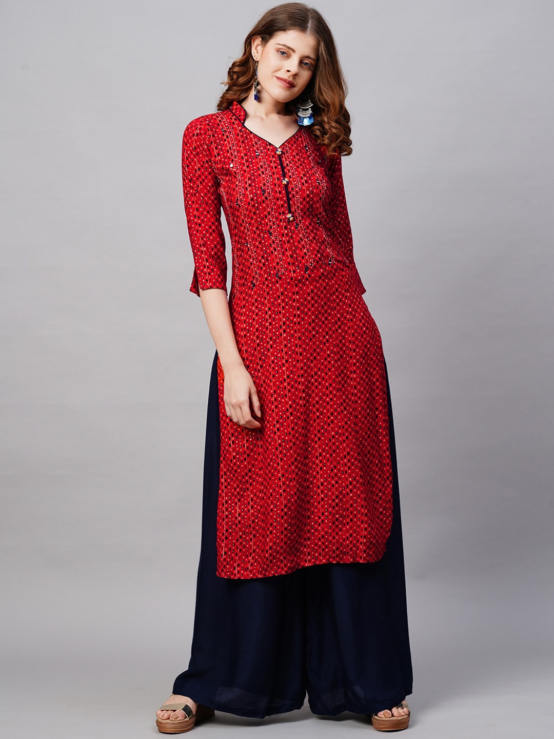 

FASHOR Women Red Geometric Printed Flared Sleeves Thread Work Kurta