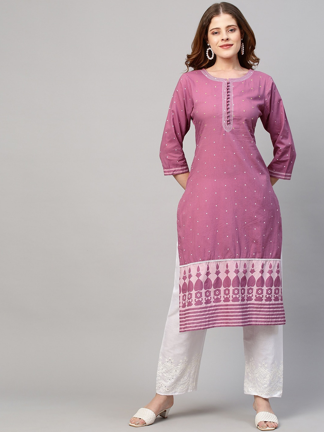 

FASHOR Women Purple Embroidered Pleated Gotta Patti Pure Cotton Kurti with Pyjamas & With Dupatta