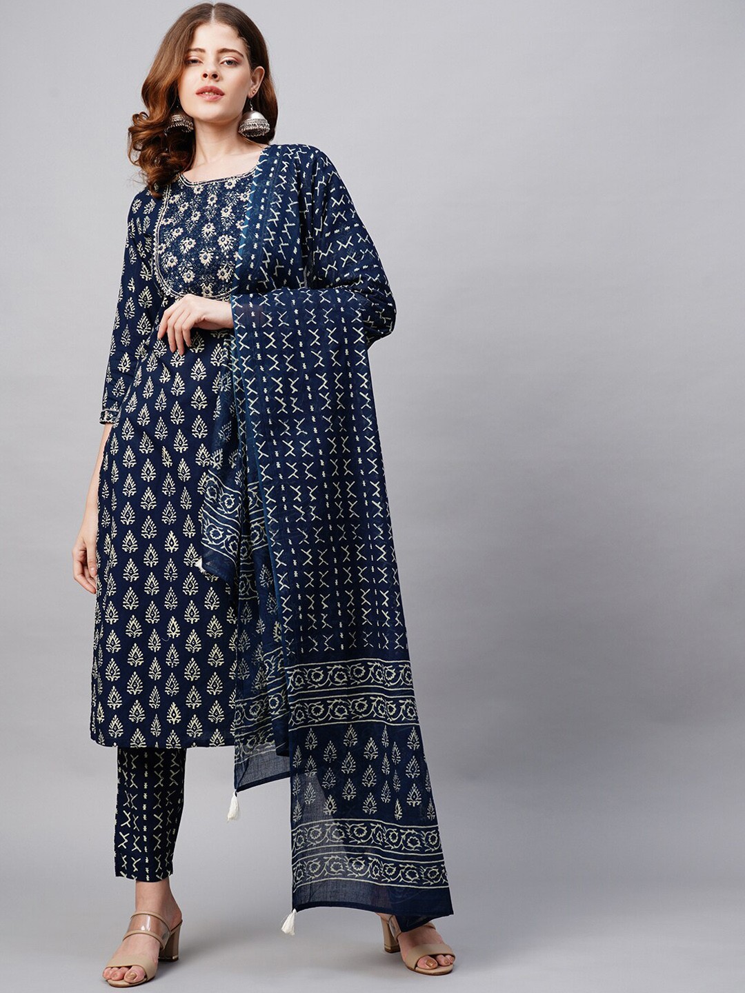 

FASHOR Women Navy Blue Ethnic Motifs Printed Mirror Work Pure Cotton Kurti with Trousers & With Dupatta