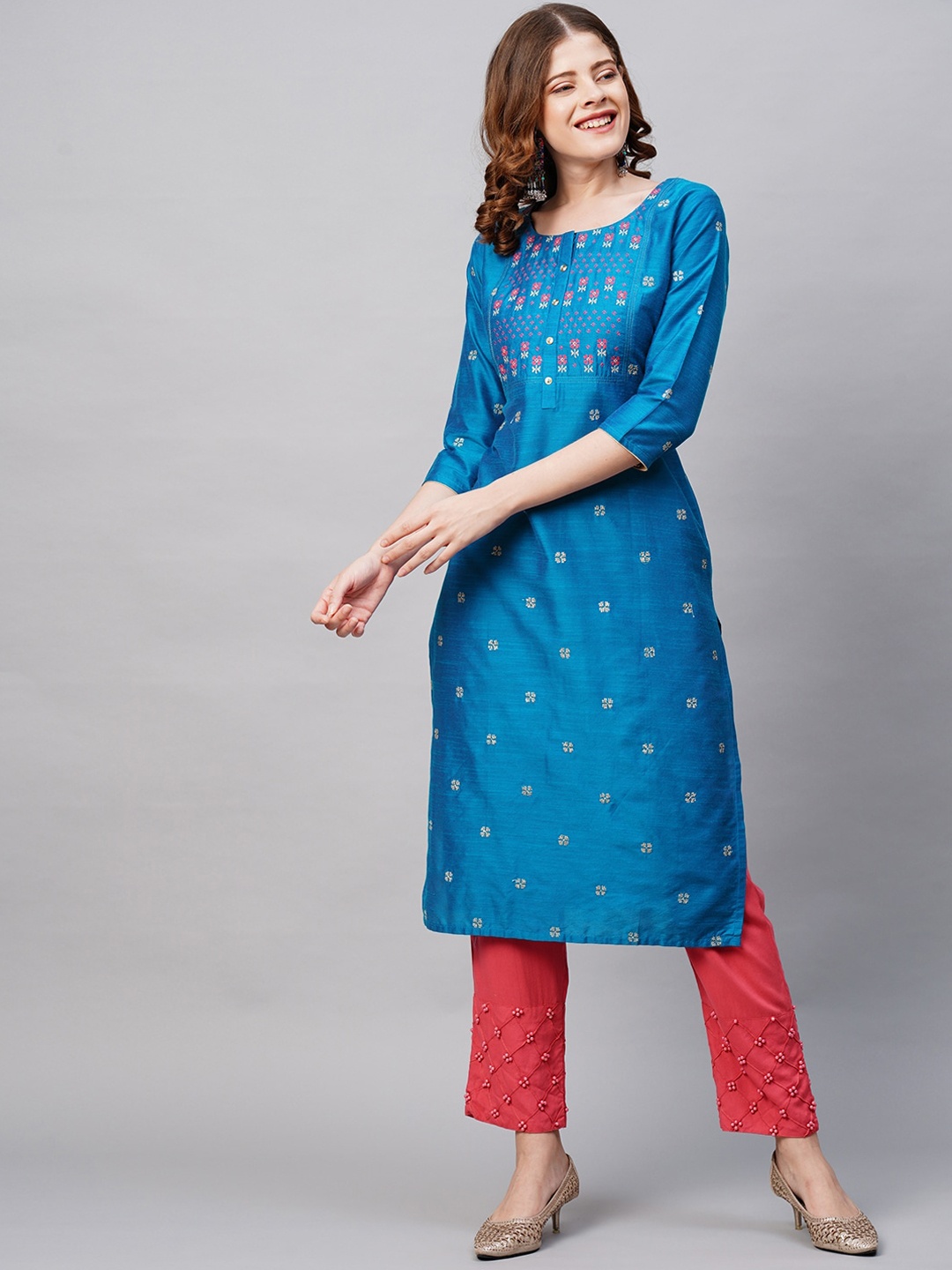 

FASHOR Women Blue Geometric Keyhole Neck Kurta