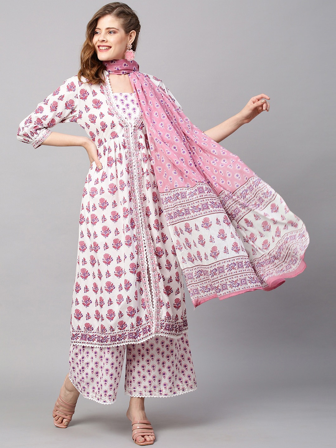 

FASHOR Women White Printed Pure Cotton Kurta with Trousers & With Dupatta