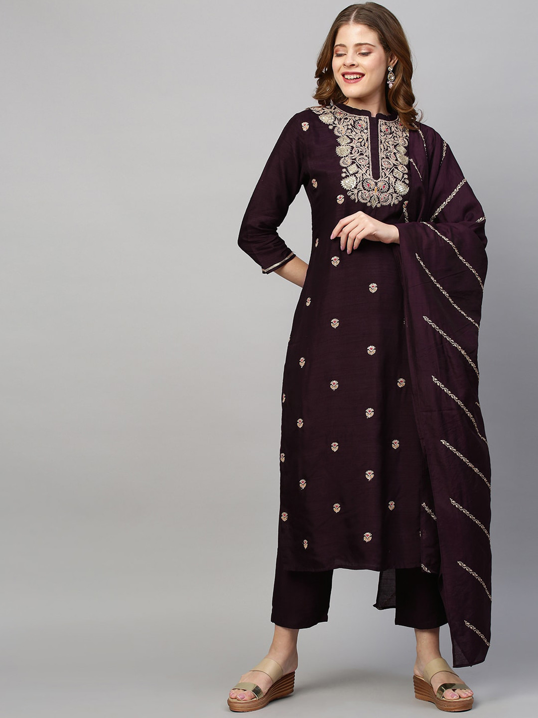 

FASHOR Women Purple Embroidered Sequinned Dupion Silk Kurta with Churidar