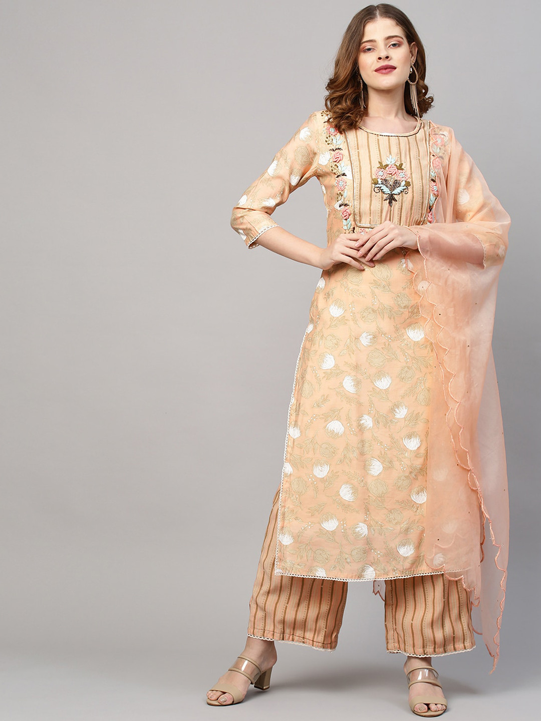 

FASHOR Women Orange Sequinned Kurta with Churidar