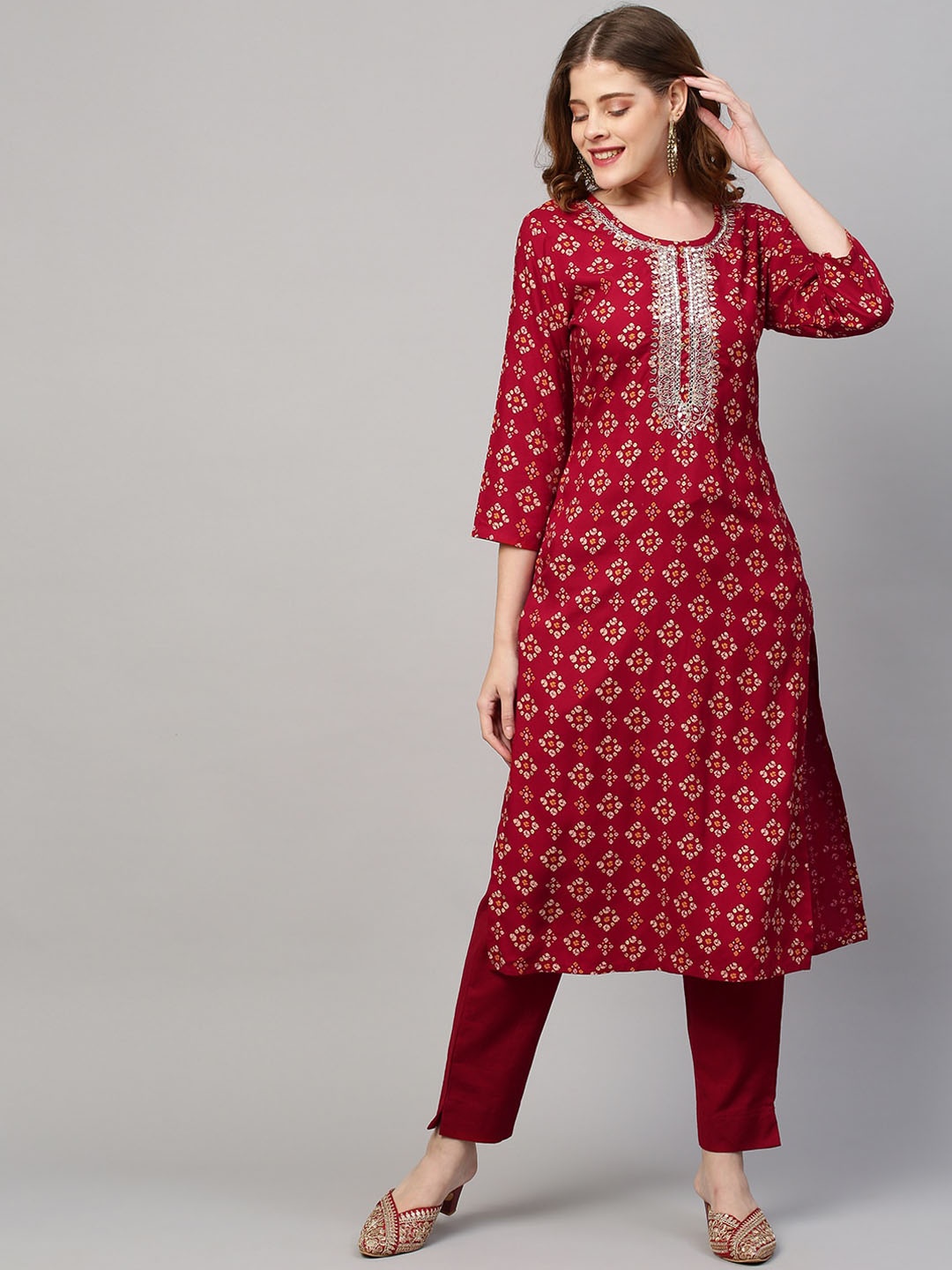 

FASHOR Women Red Striped Gotta Patti Kurta with Churidar