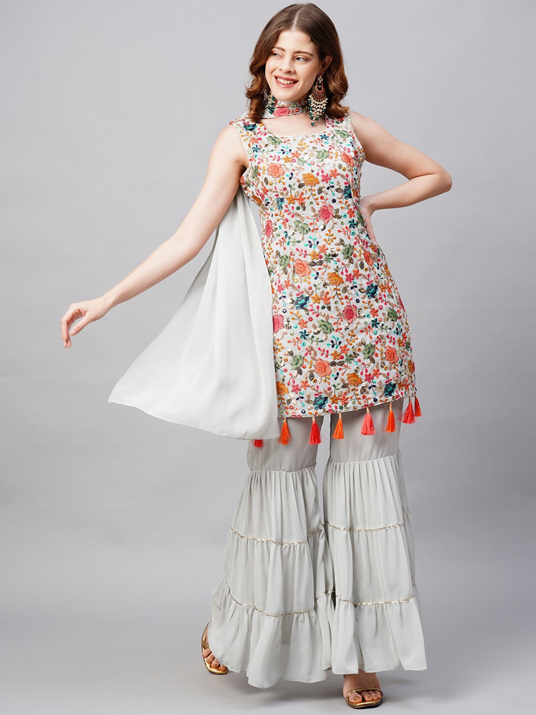 

FASHOR Women Grey Striped Mirror Work Kurta with Palazzos